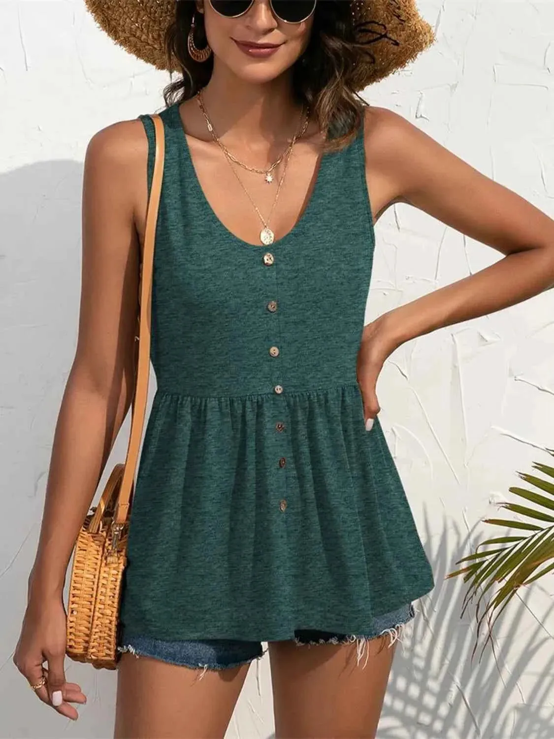 Decorative Button Tank Top with Wide Strap Design