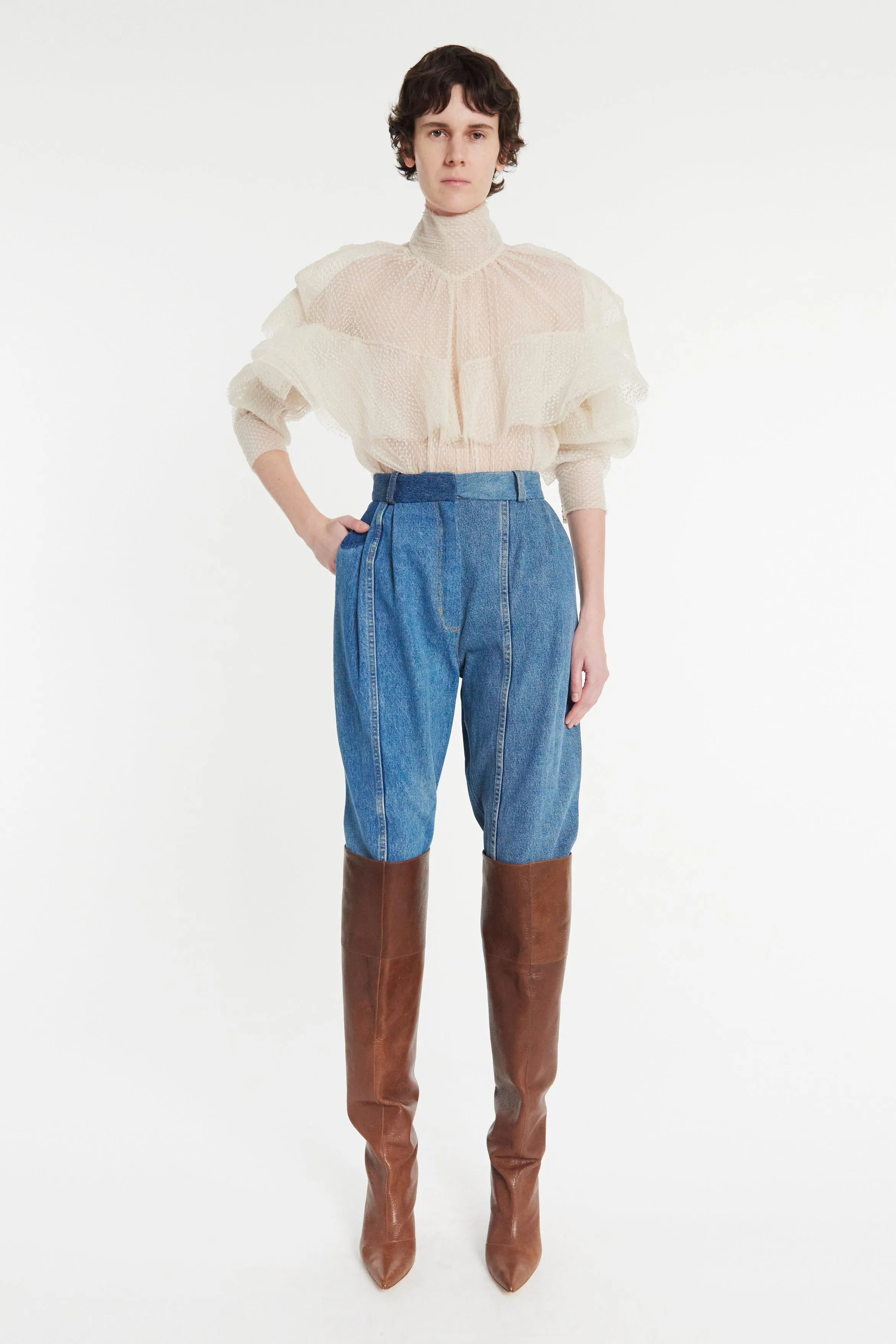 Double Layered Tulle Top With Chest Frill Detail Ivory
