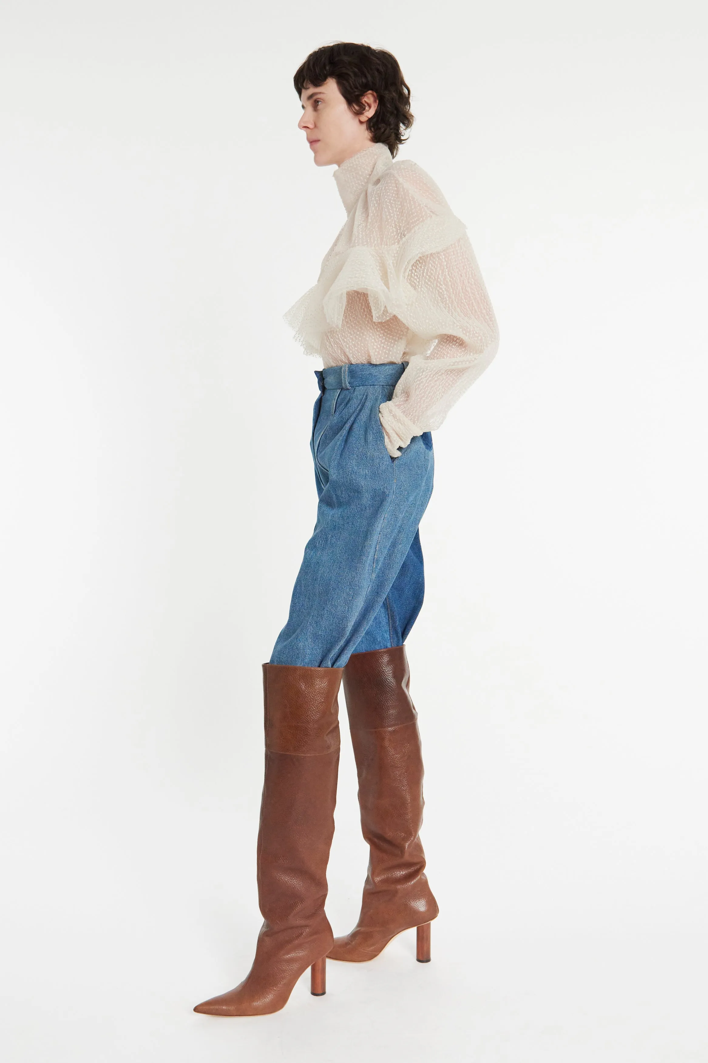 Double Layered Tulle Top With Chest Frill Detail Ivory