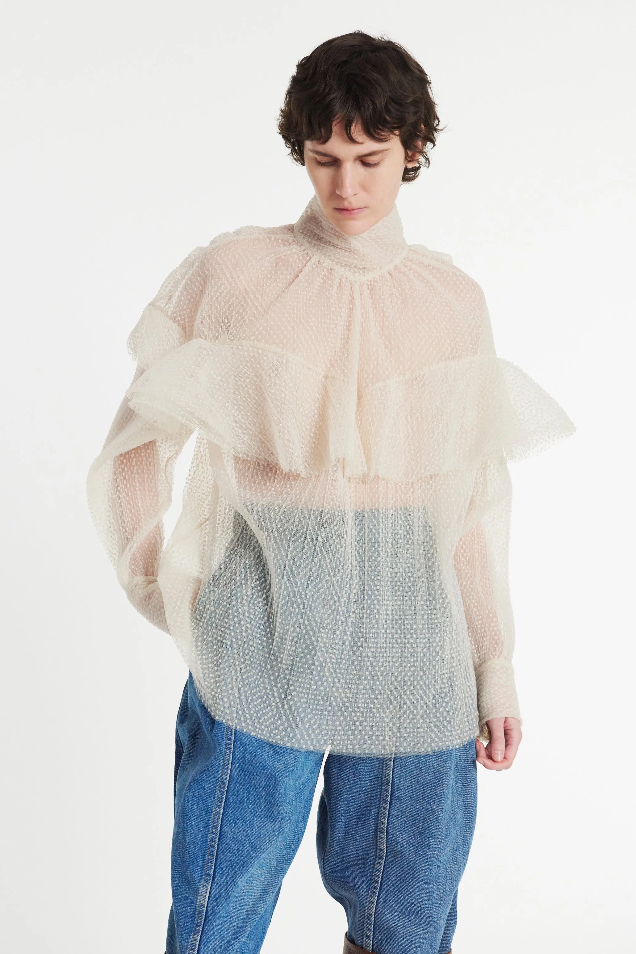 Double Layered Tulle Top With Chest Frill Detail Ivory