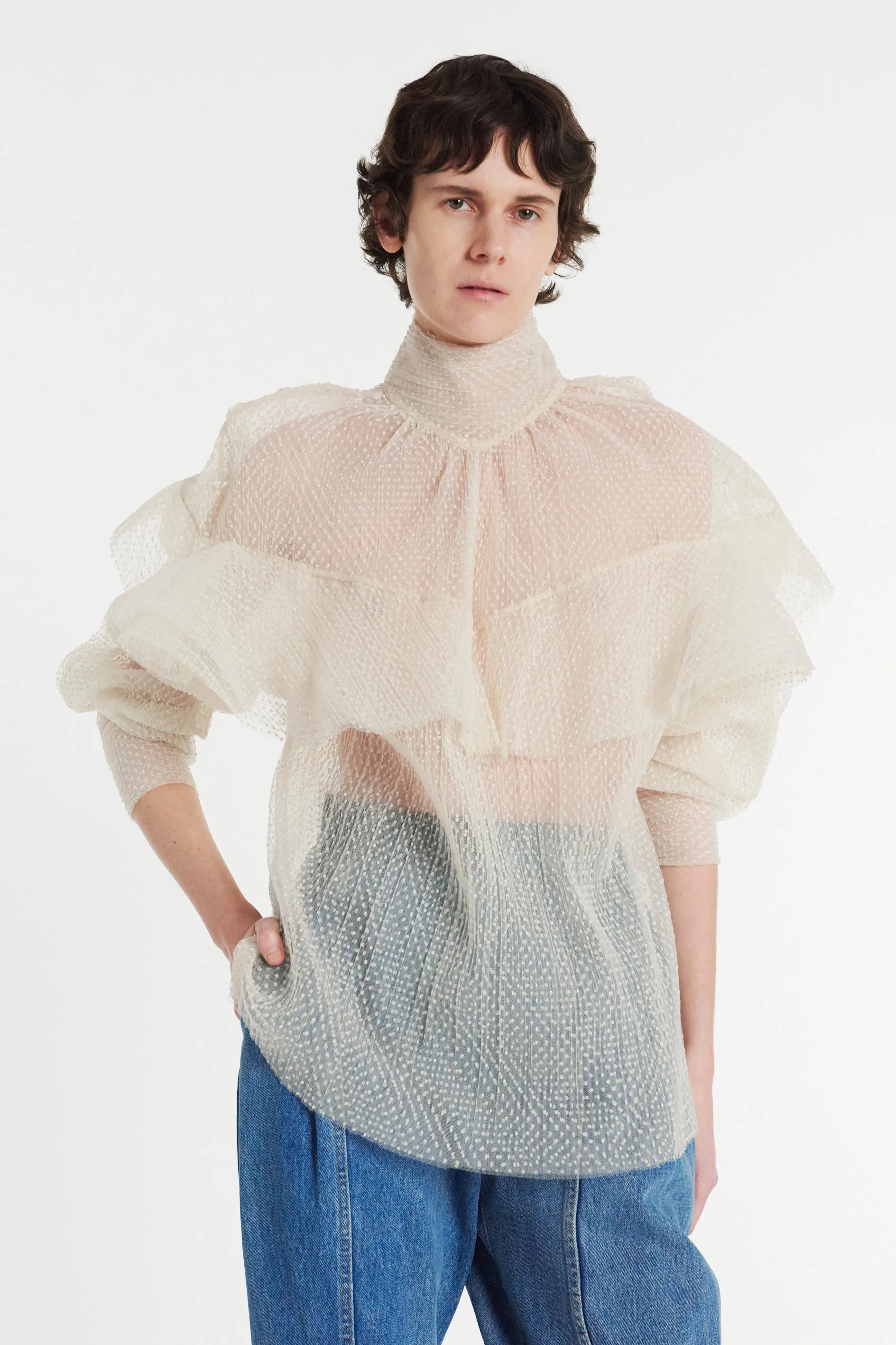 Double Layered Tulle Top With Chest Frill Detail Ivory