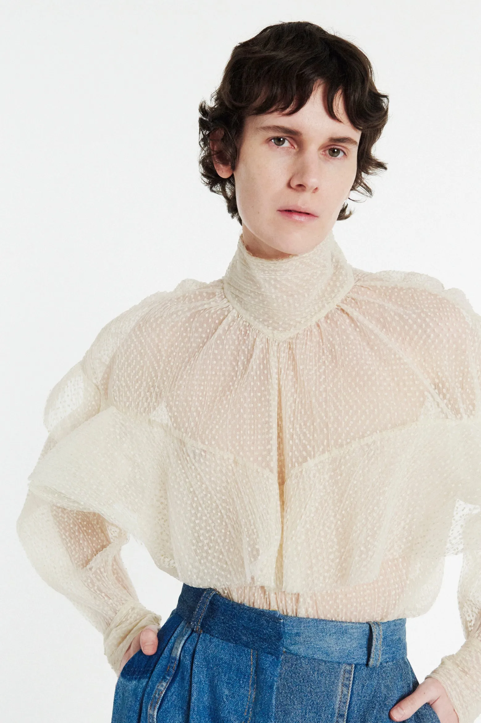 Double Layered Tulle Top With Chest Frill Detail Ivory