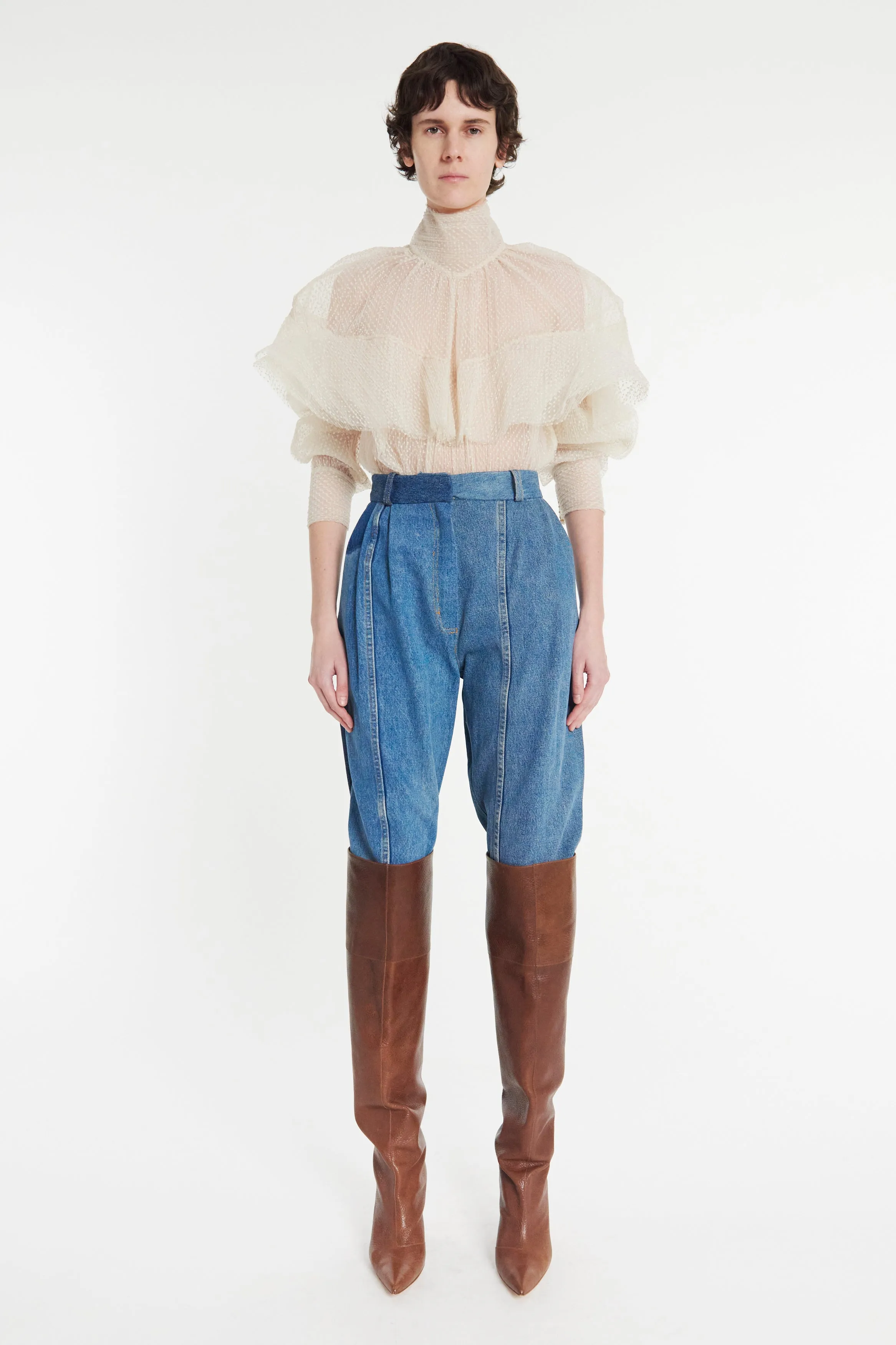 Double Layered Tulle Top With Chest Frill Detail Ivory