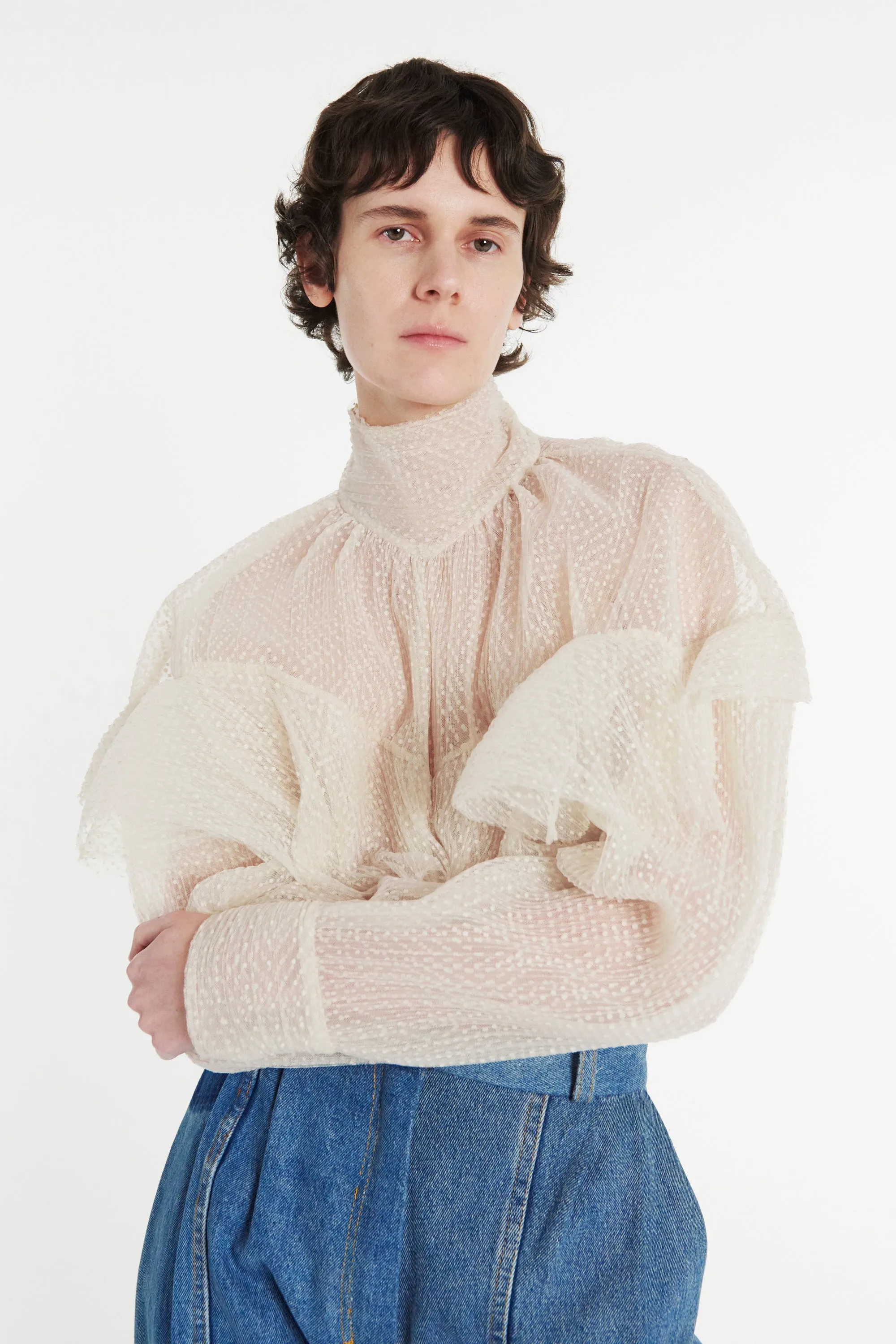 Double Layered Tulle Top With Chest Frill Detail Ivory