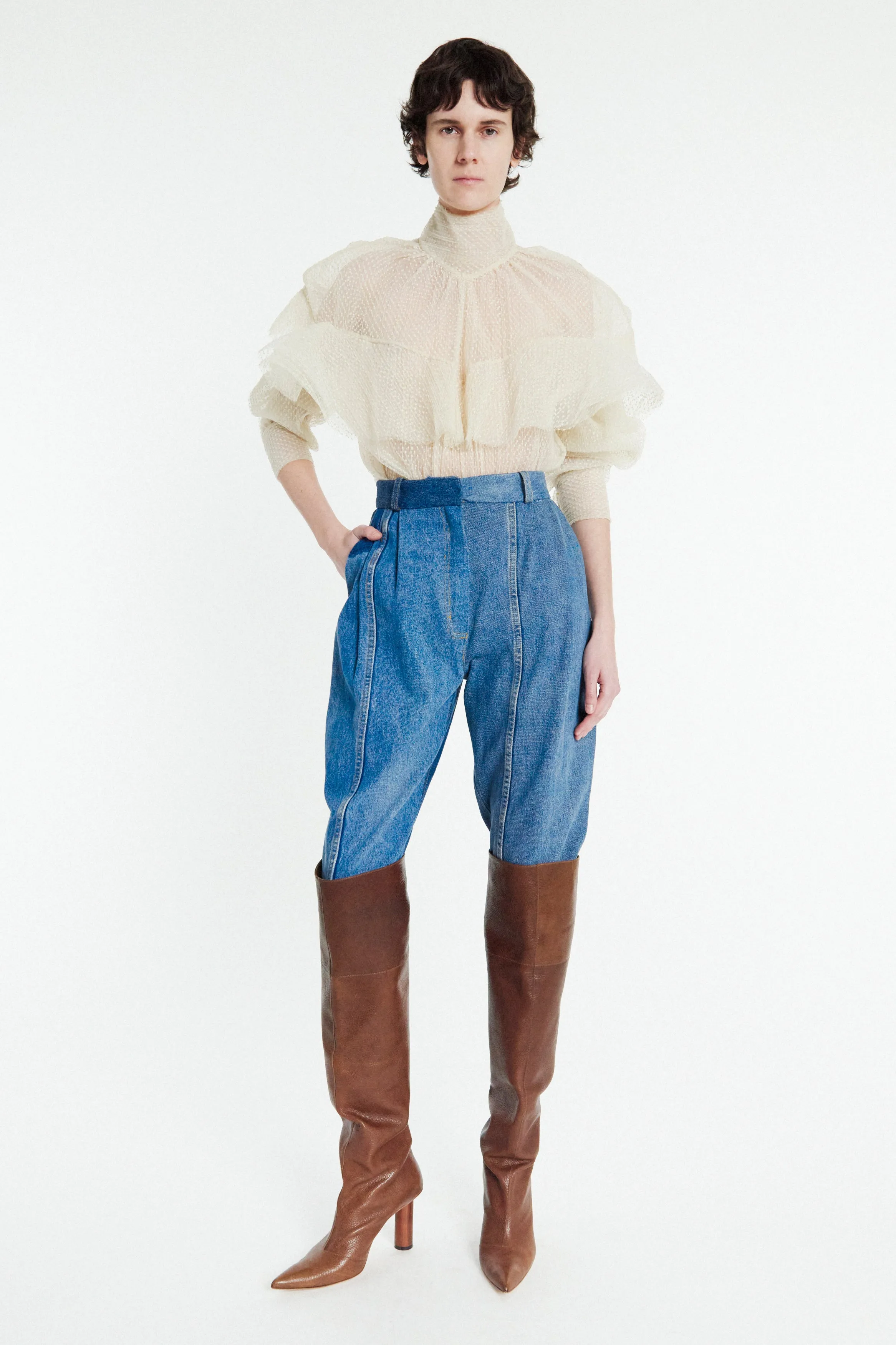 Double Layered Tulle Top With Chest Frill Detail Ivory