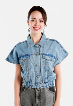 Drop Shoulder Sleeves Cropped Denim Vest