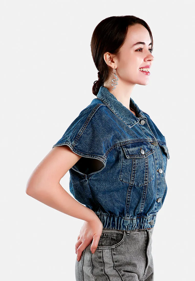 Drop Shoulder Sleeves Cropped Denim Vest