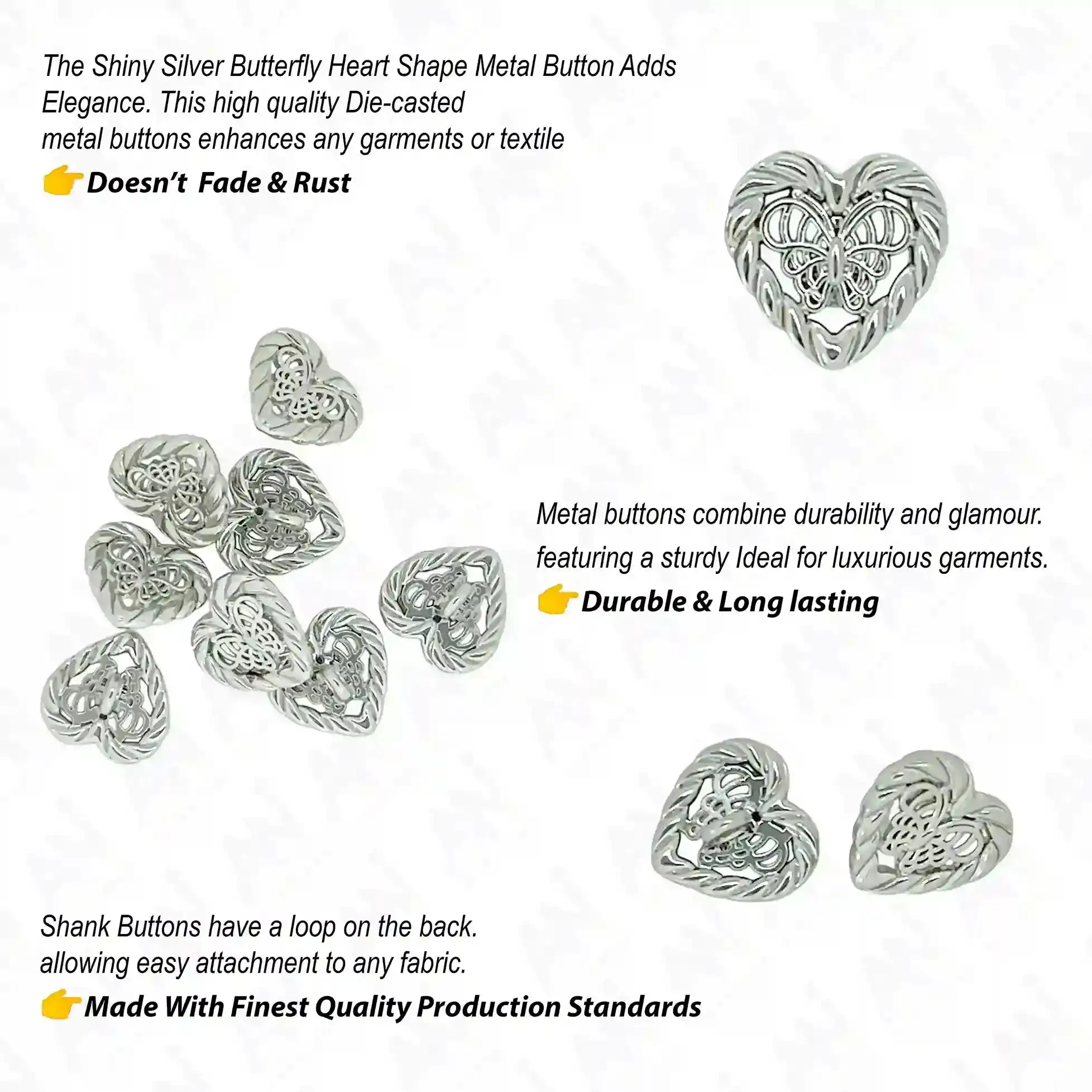 Elegant Heart Shape Metal Shirt Buttons