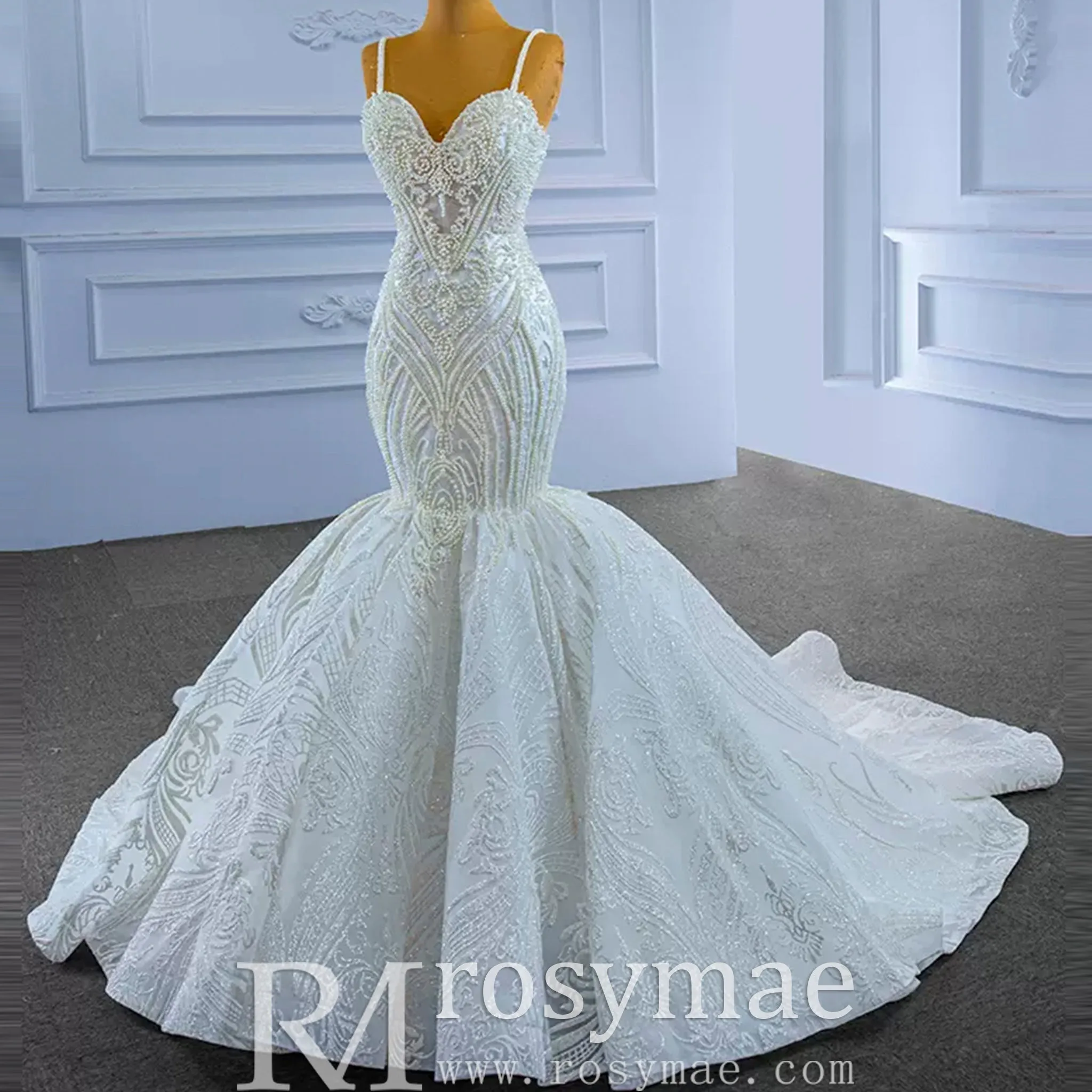 Elegant Mermaid Wedding Dress Beading Pearls with Spaghetti Straps