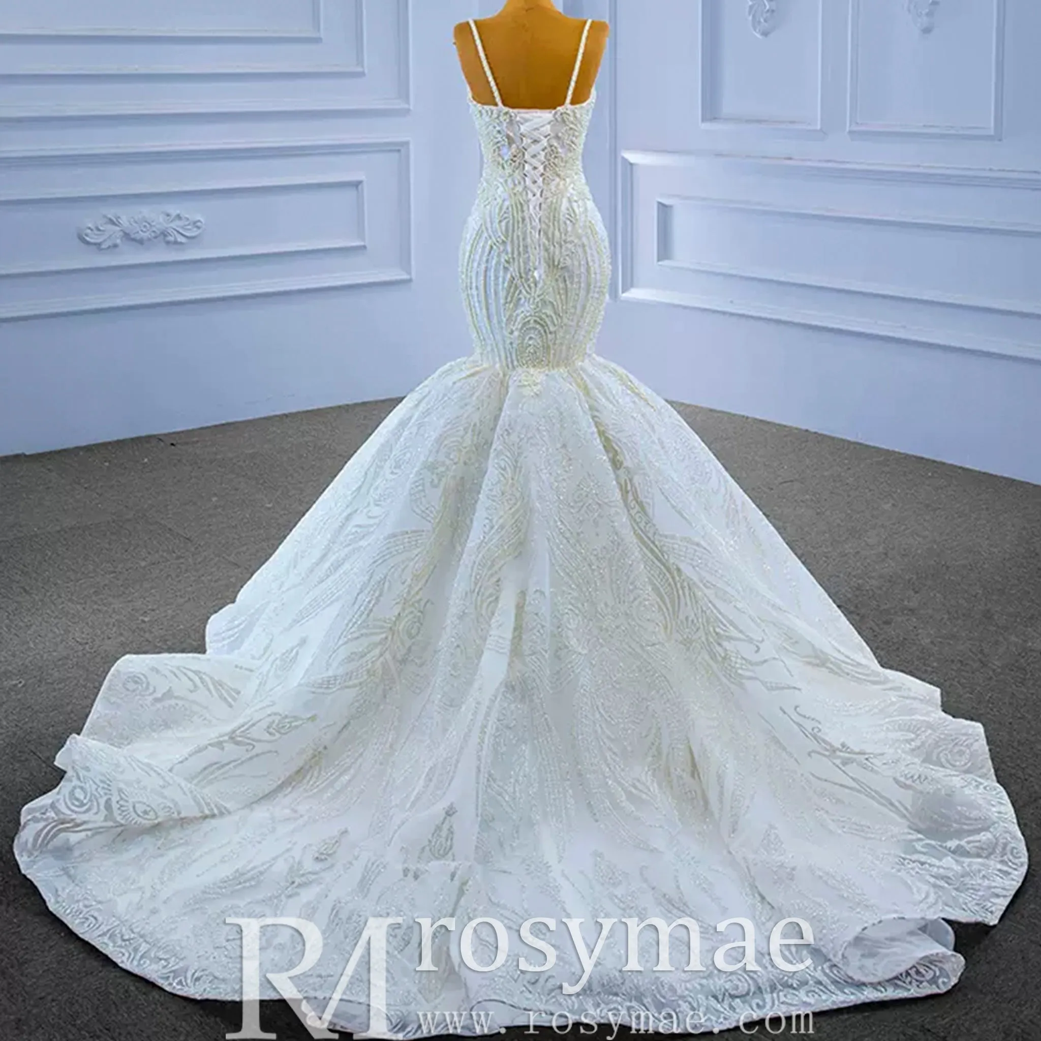 Elegant Mermaid Wedding Dress Beading Pearls with Spaghetti Straps