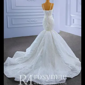 Elegant Mermaid Wedding Dress Beading Pearls with Spaghetti Straps