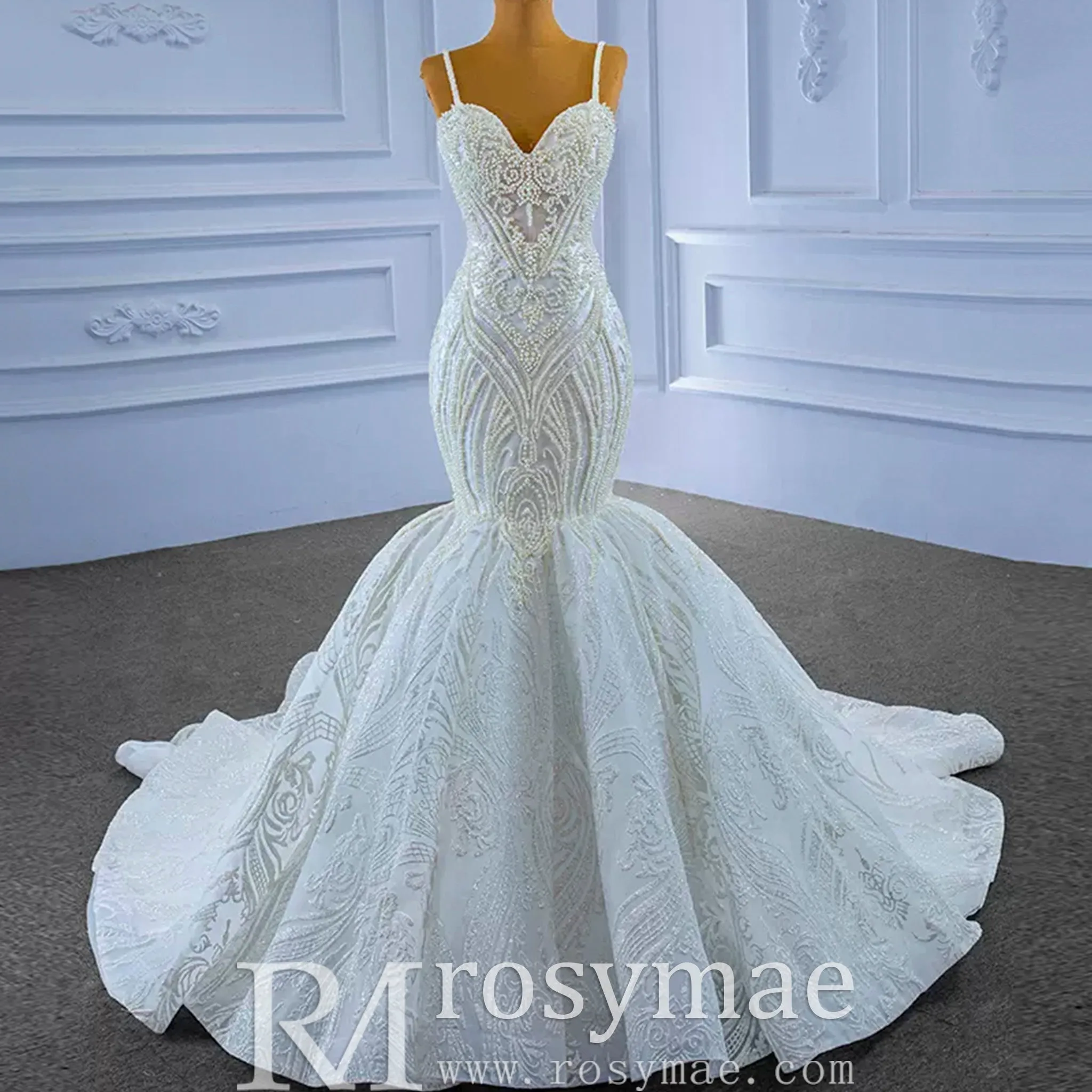 Elegant Mermaid Wedding Dress Beading Pearls with Spaghetti Straps