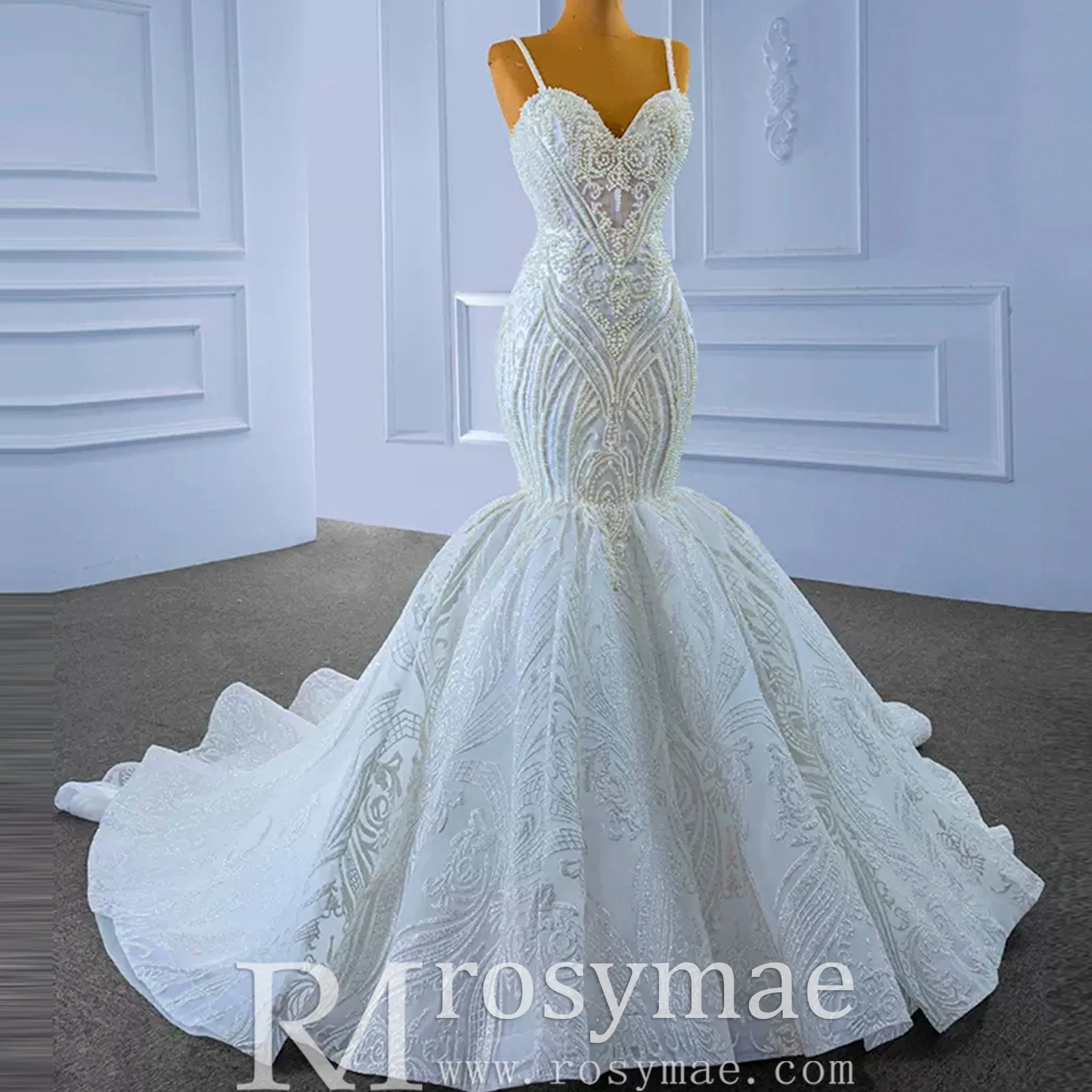 Elegant Mermaid Wedding Dress Beading Pearls with Spaghetti Straps