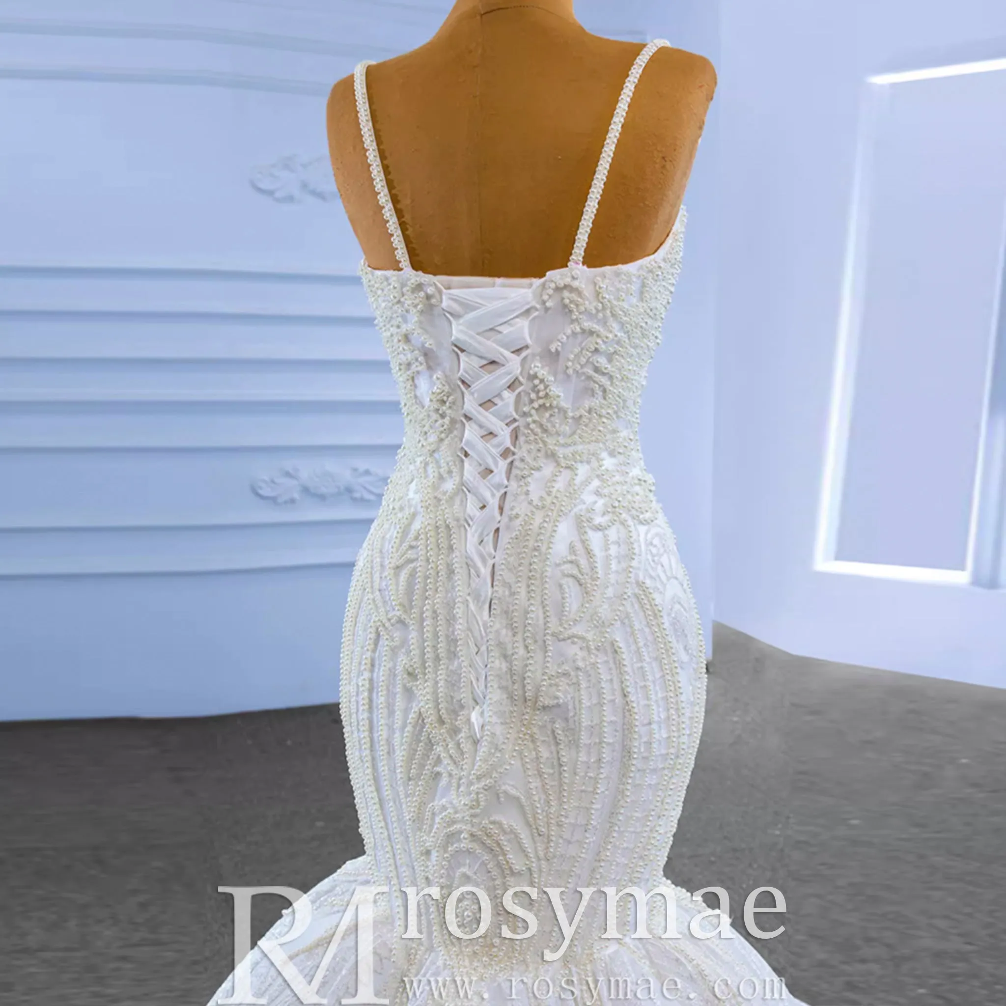 Elegant Mermaid Wedding Dress Beading Pearls with Spaghetti Straps