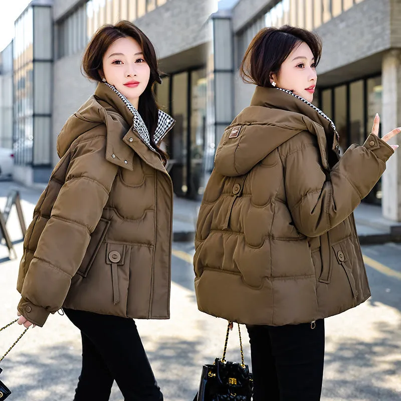 Elegant Padded Quilted Puffer Jacket for Women in Houndstooth Design