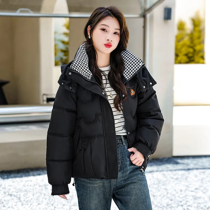 Elegant Padded Quilted Puffer Jacket for Women in Houndstooth Design