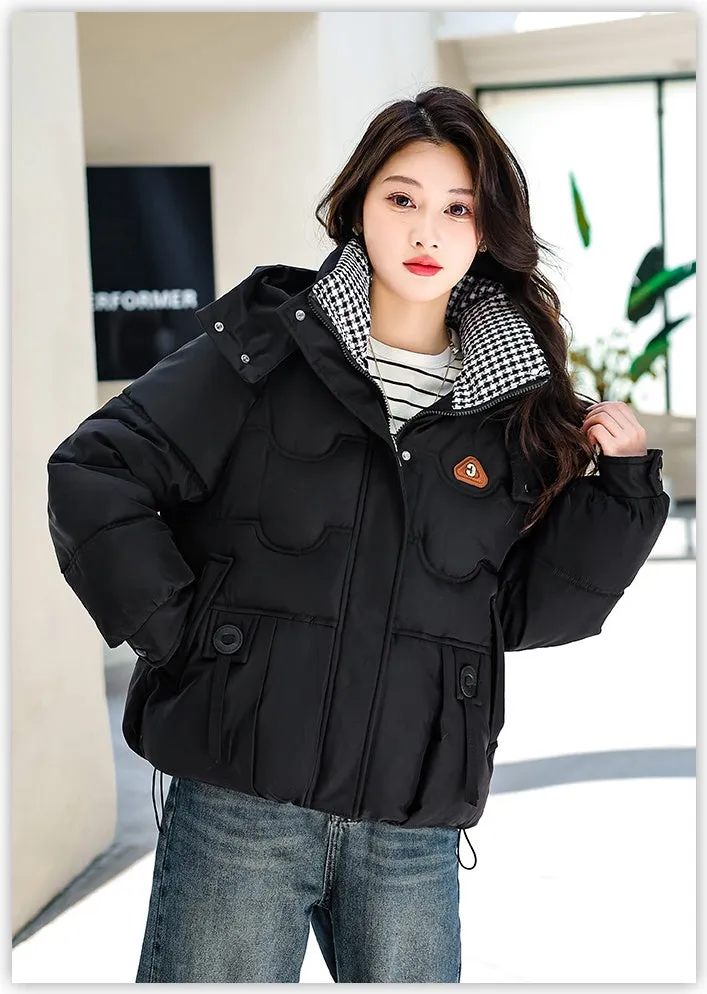 Elegant Padded Quilted Puffer Jacket for Women in Houndstooth Design