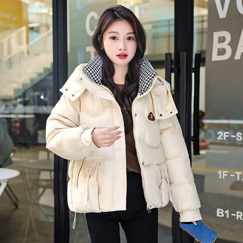 Elegant Padded Quilted Puffer Jacket for Women in Houndstooth Design