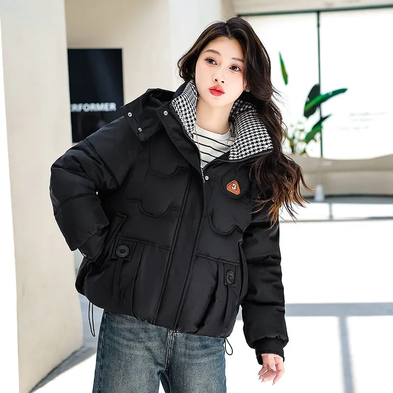 Elegant Padded Quilted Puffer Jacket for Women in Houndstooth Design