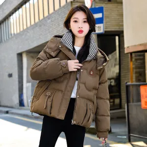 Elegant Padded Quilted Puffer Jacket for Women in Houndstooth Design