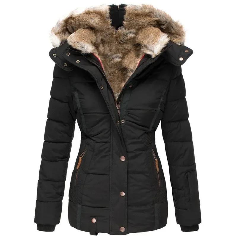 Elegant women's winter coat with fur hood