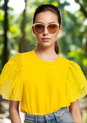 Embroidered flutter Sleeve Tee [yellow] Large
