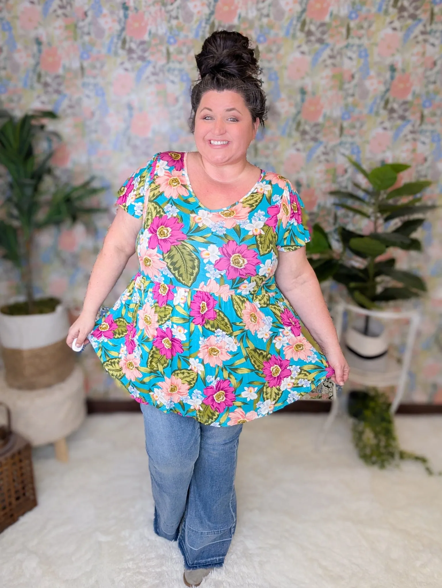 Etta Vneck Babydoll in Teal Floral