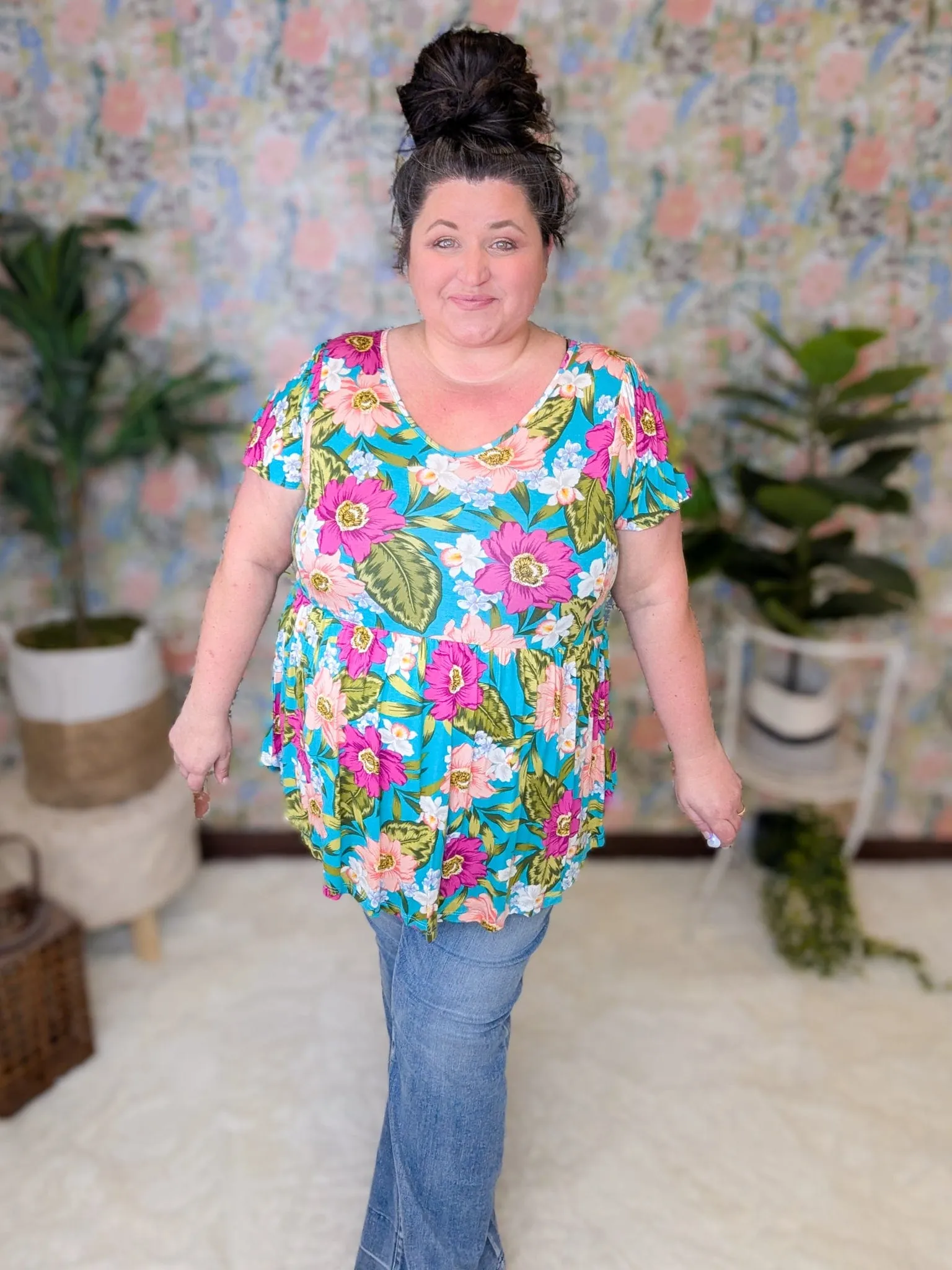 Etta Vneck Babydoll in Teal Floral