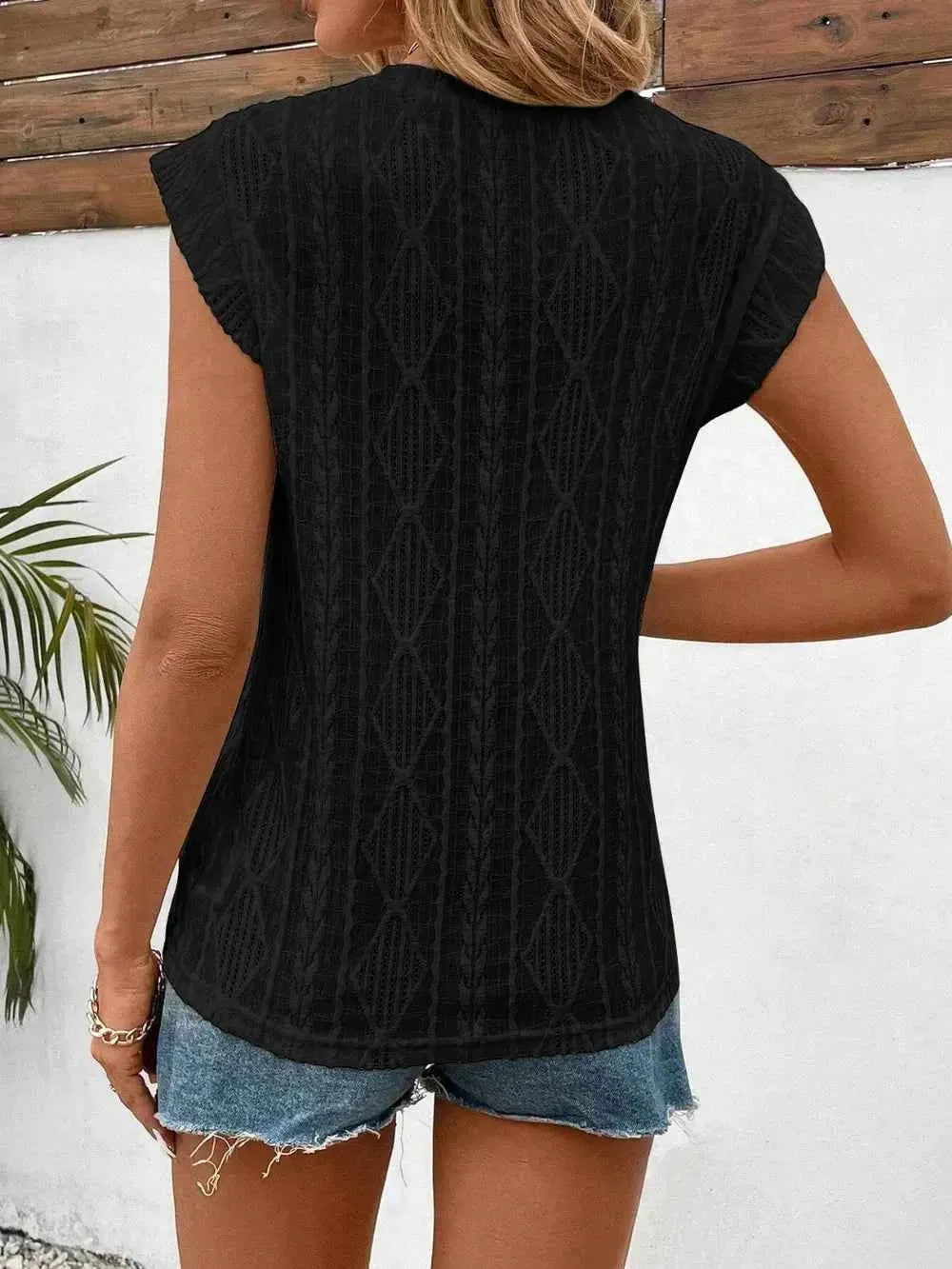 Eyelet Cap Sleeve Top - Round Neck Design