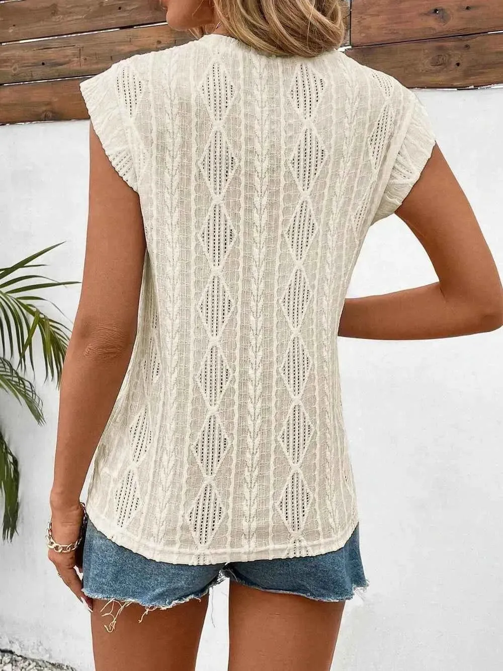 Eyelet Cap Sleeve Top - Round Neck Design
