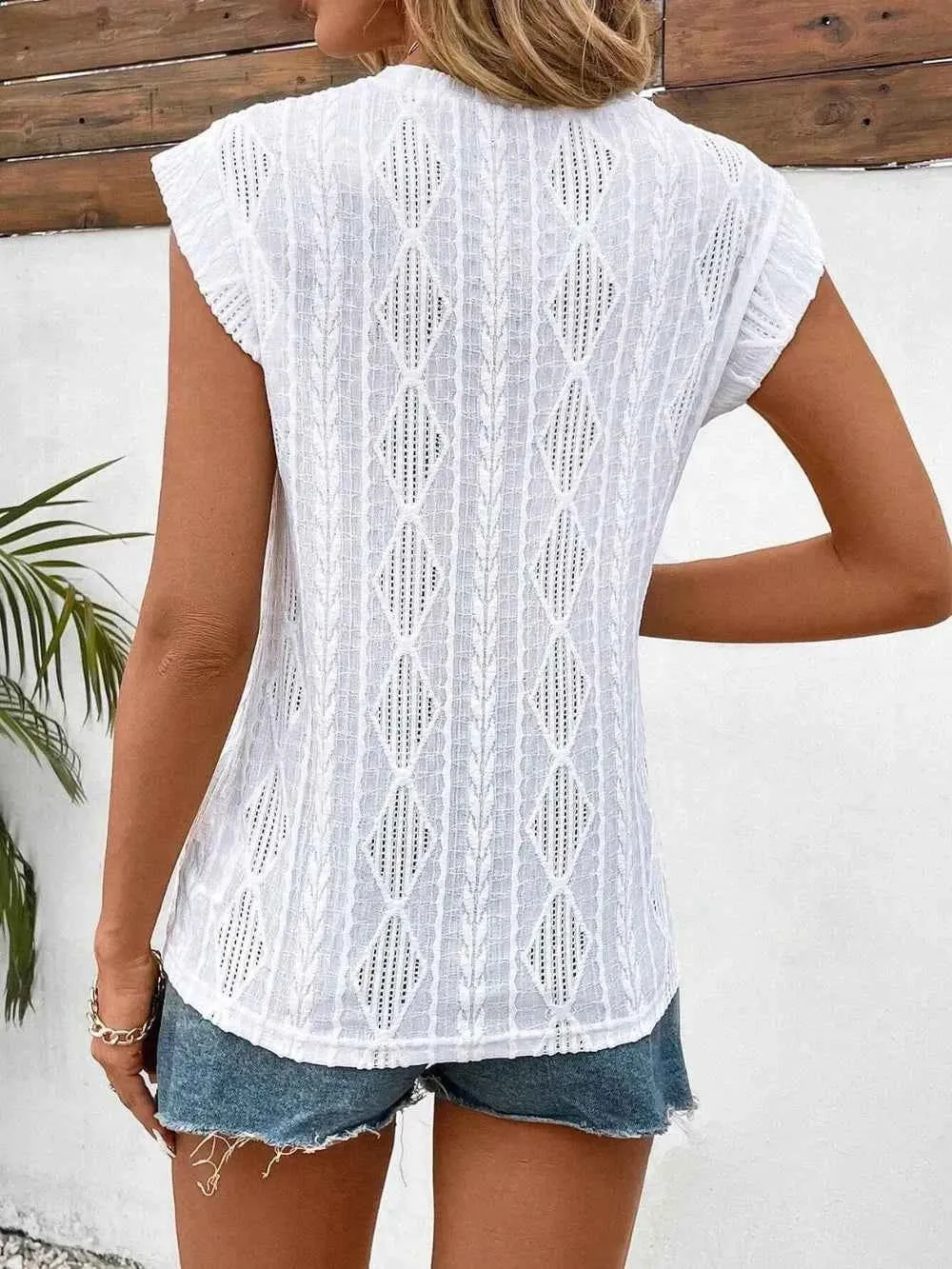 Eyelet Cap Sleeve Top - Round Neck Design