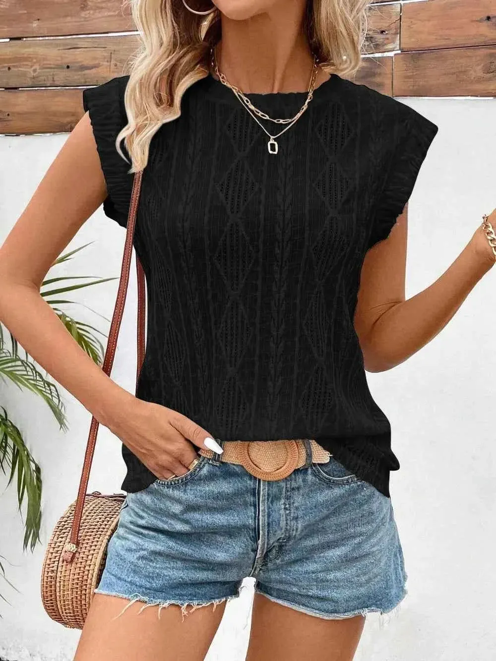 Eyelet Cap Sleeve Top - Round Neck Design