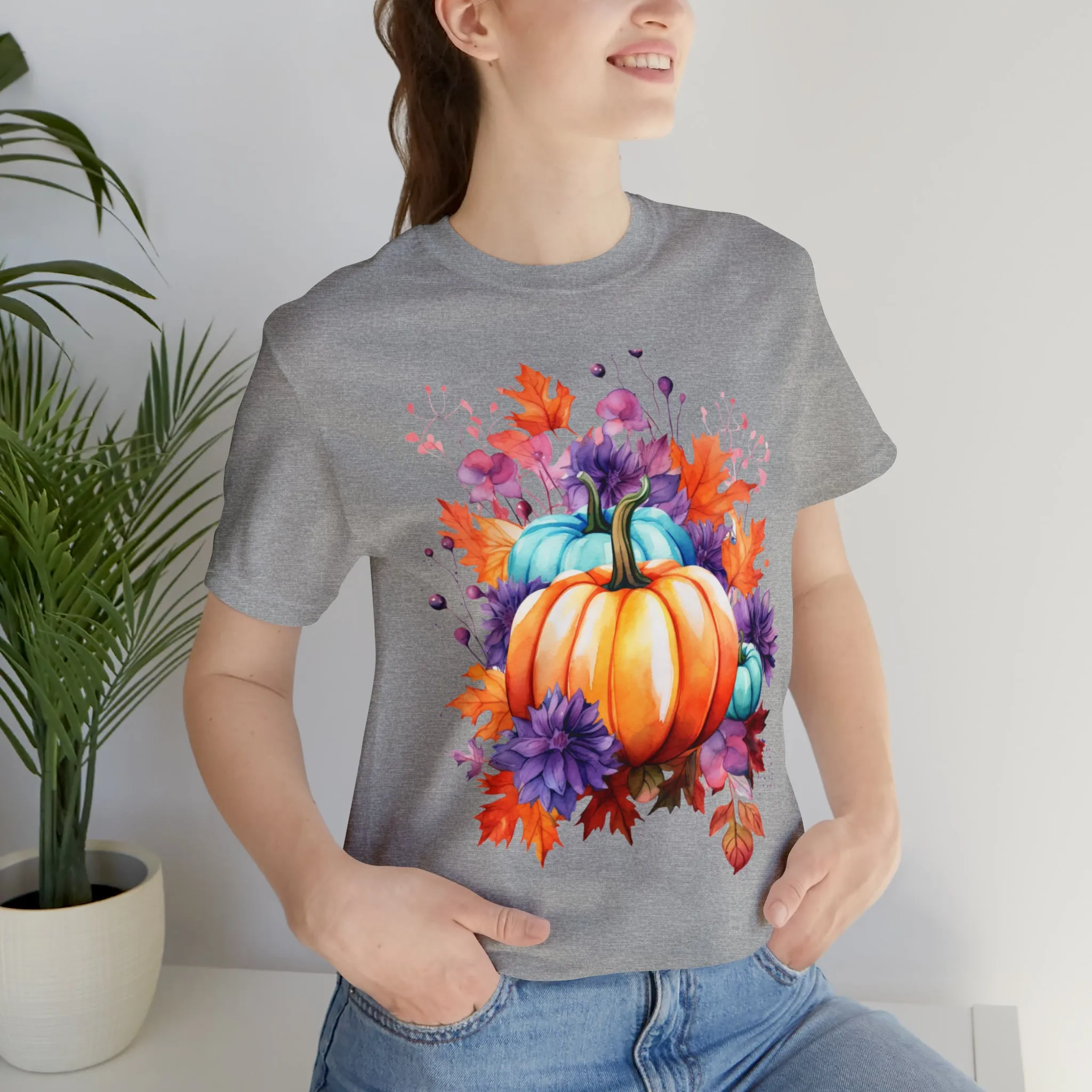 Fall Pumpkin & Leaves T-Shirt | Orange and Purple Fall Tee |  Bella Canvas 3001 Unisex |  Fall Short Sleeve Tshirt
