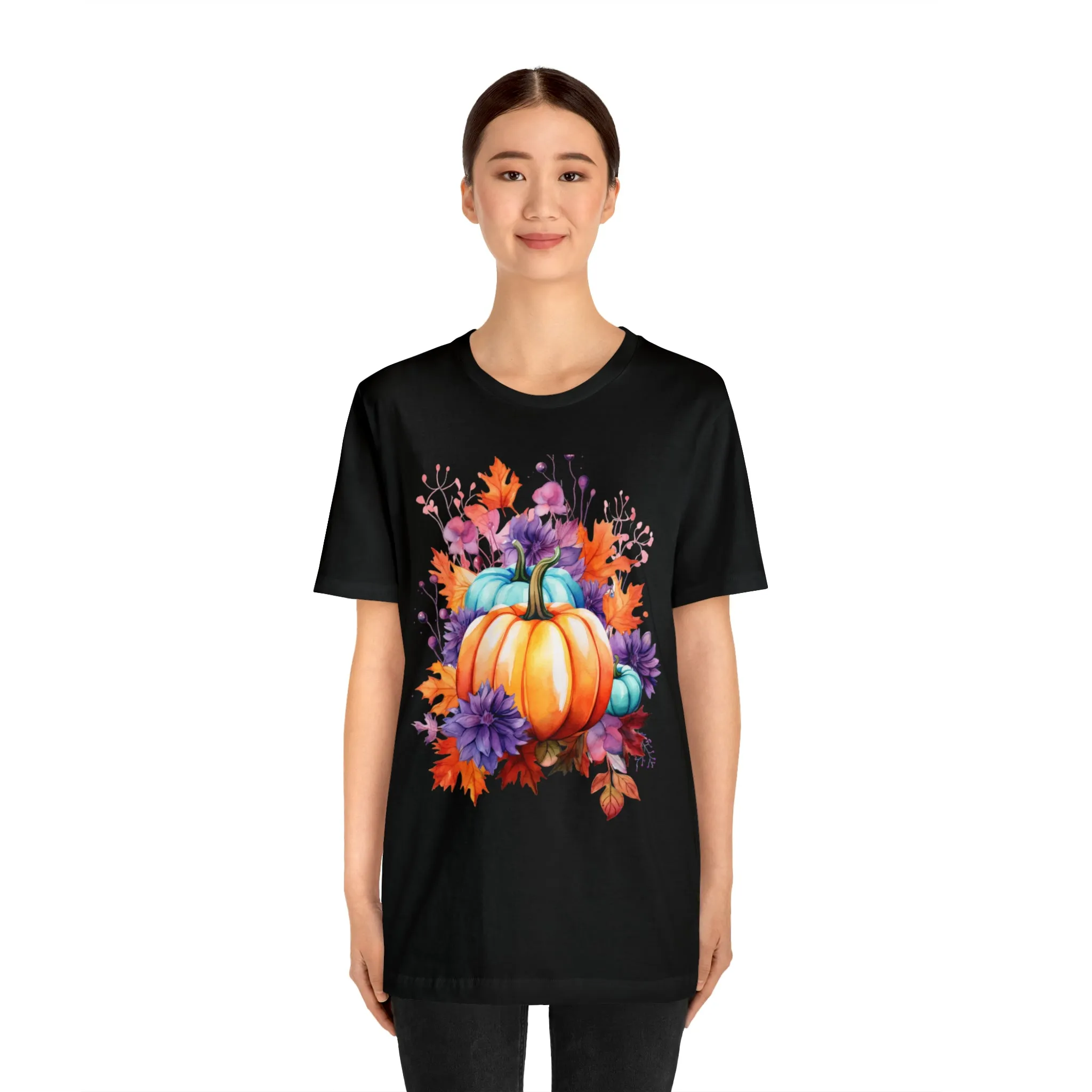 Fall Pumpkin & Leaves T-Shirt | Orange and Purple Fall Tee |  Bella Canvas 3001 Unisex |  Fall Short Sleeve Tshirt