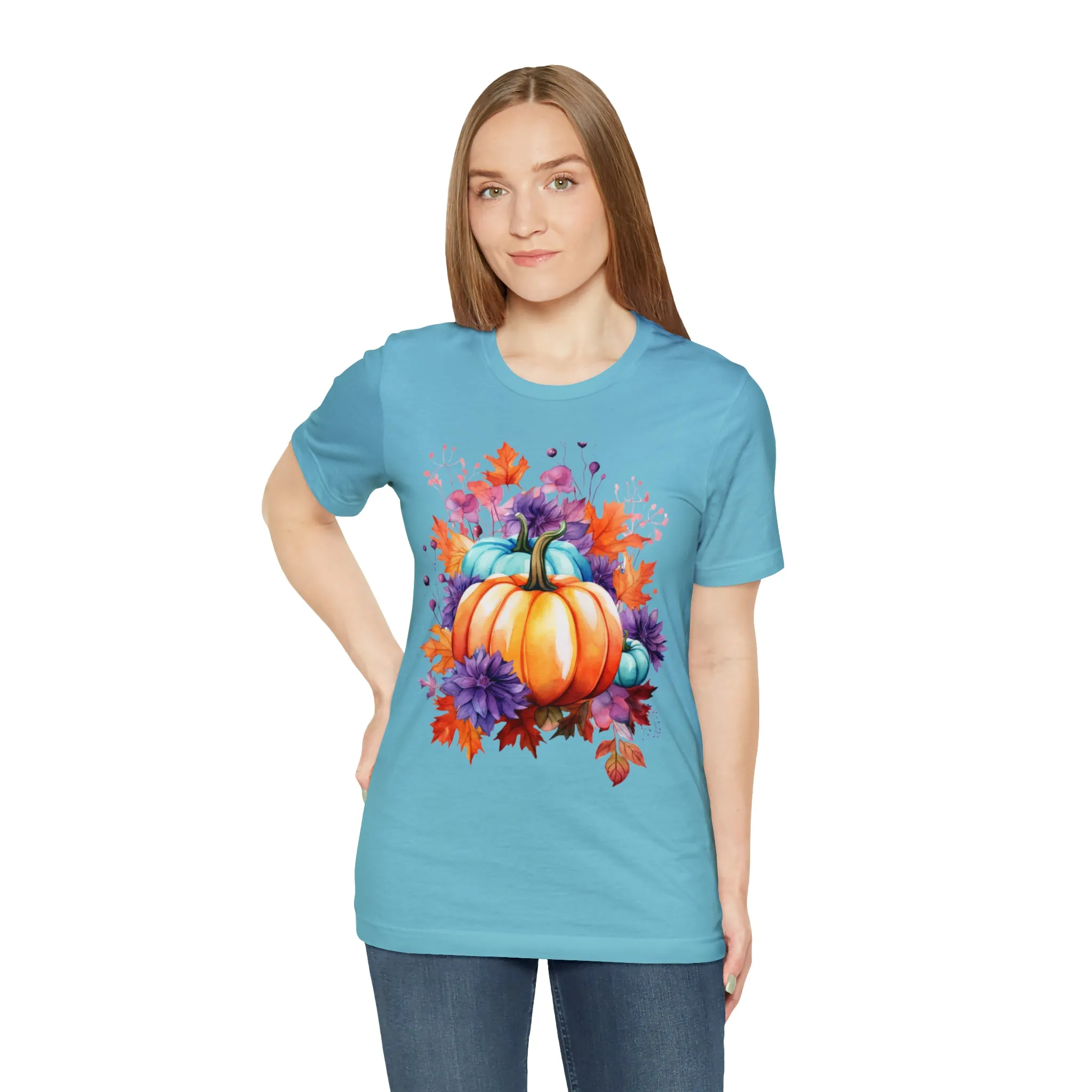 Fall Pumpkin & Leaves T-Shirt | Orange and Purple Fall Tee |  Bella Canvas 3001 Unisex |  Fall Short Sleeve Tshirt