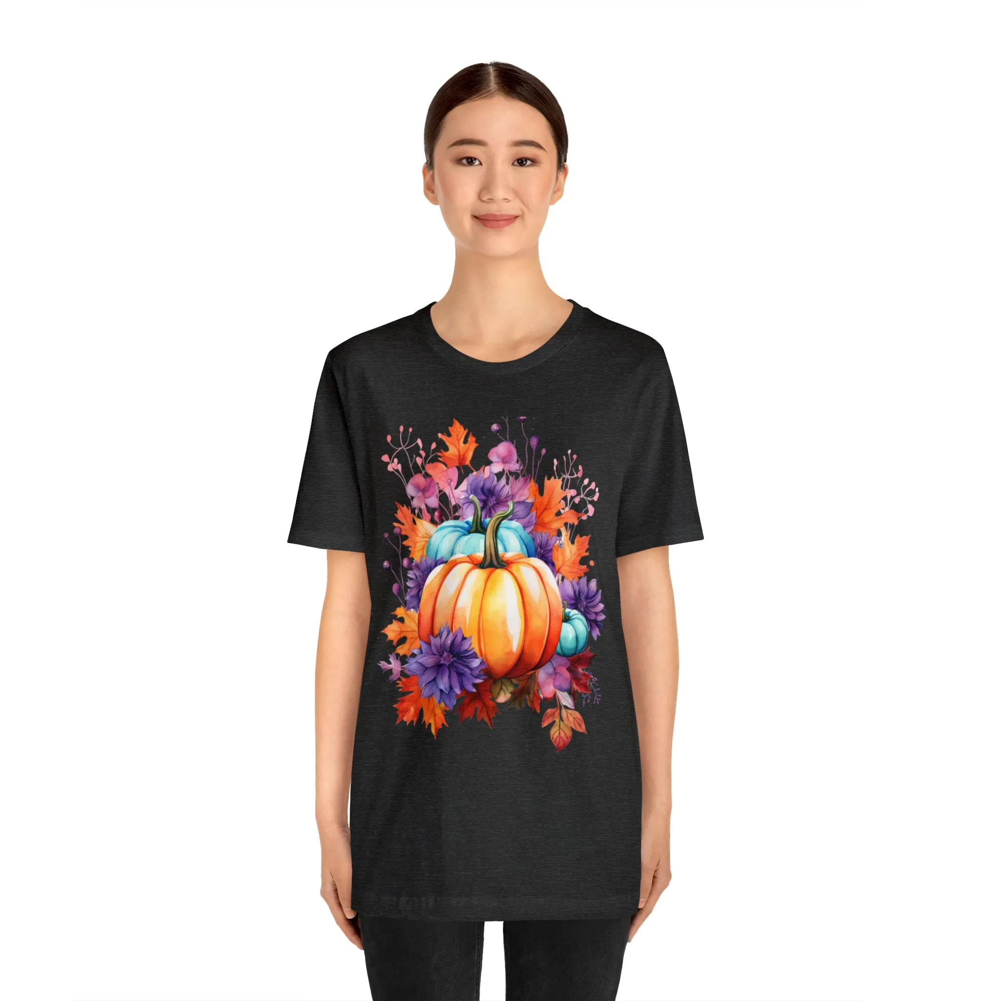 Fall Pumpkin & Leaves T-Shirt | Orange and Purple Fall Tee |  Bella Canvas 3001 Unisex |  Fall Short Sleeve Tshirt