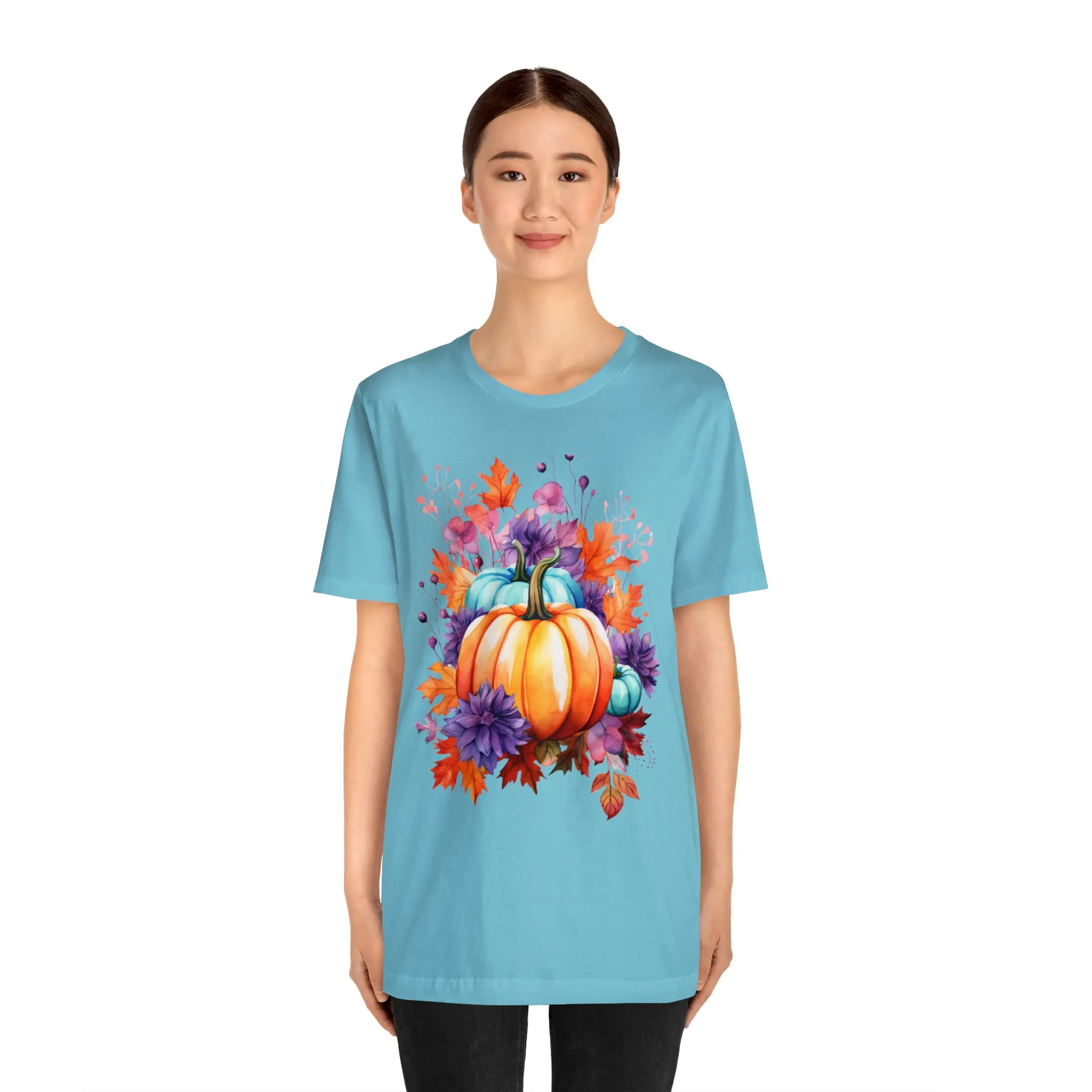 Fall Pumpkin & Leaves T-Shirt | Orange and Purple Fall Tee |  Bella Canvas 3001 Unisex |  Fall Short Sleeve Tshirt