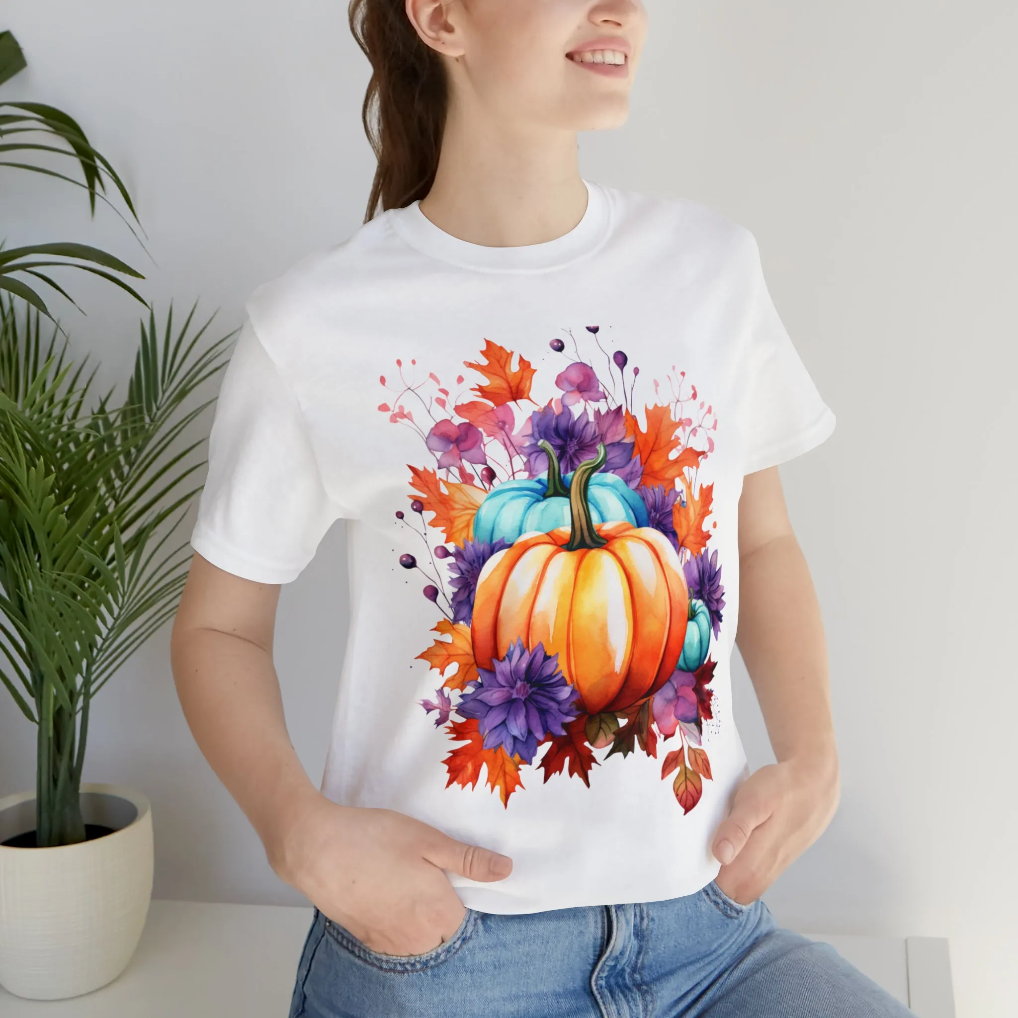 Fall Pumpkin & Leaves T-Shirt | Orange and Purple Fall Tee |  Bella Canvas 3001 Unisex |  Fall Short Sleeve Tshirt