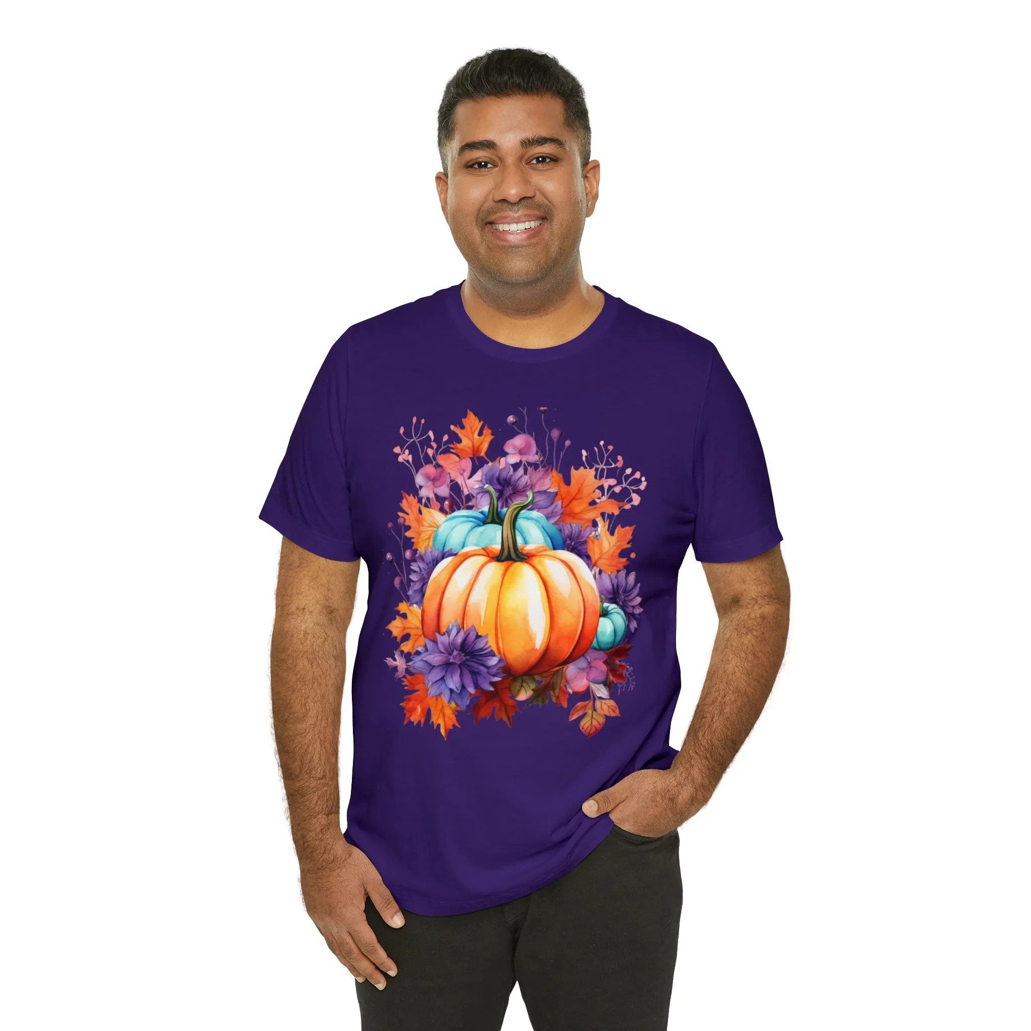 Fall Pumpkin & Leaves T-Shirt | Orange and Purple Fall Tee |  Bella Canvas 3001 Unisex |  Fall Short Sleeve Tshirt