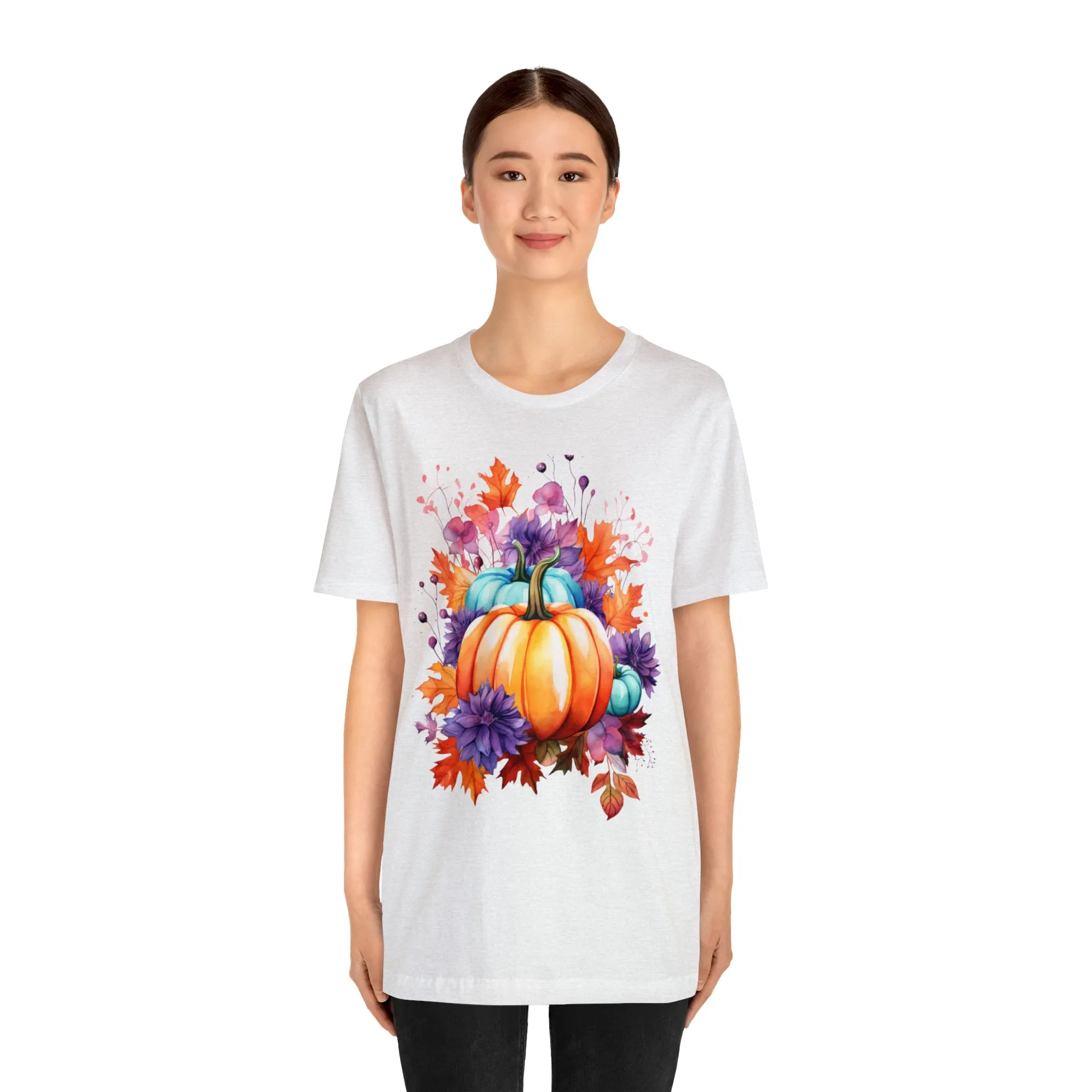 Fall Pumpkin & Leaves T-Shirt | Orange and Purple Fall Tee |  Bella Canvas 3001 Unisex |  Fall Short Sleeve Tshirt