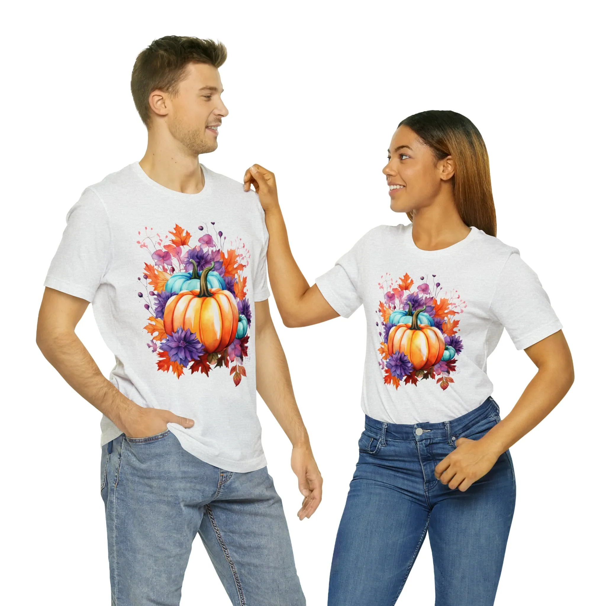 Fall Pumpkin & Leaves T-Shirt | Orange and Purple Fall Tee |  Bella Canvas 3001 Unisex |  Fall Short Sleeve Tshirt