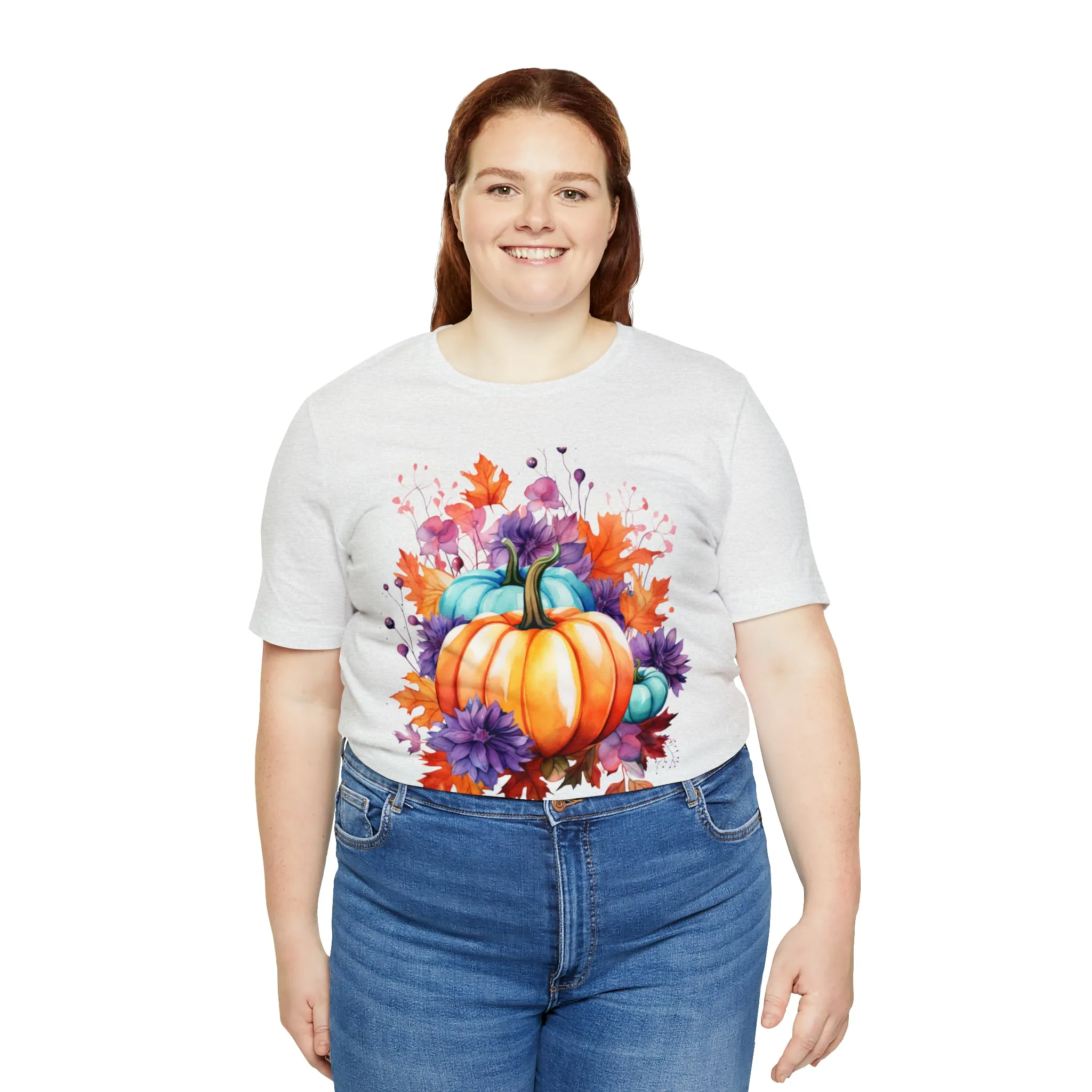 Fall Pumpkin & Leaves T-Shirt | Orange and Purple Fall Tee |  Bella Canvas 3001 Unisex |  Fall Short Sleeve Tshirt