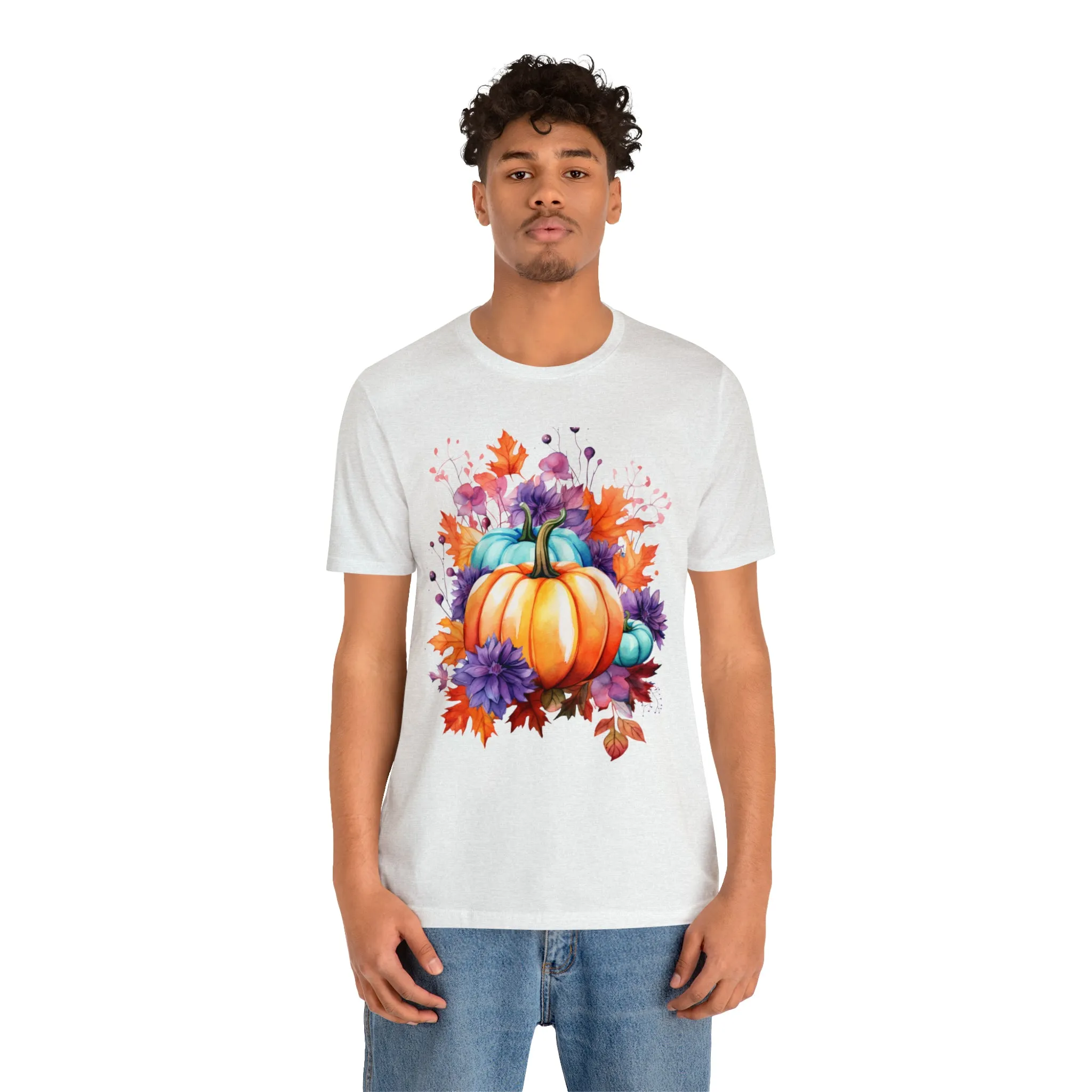 Fall Pumpkin & Leaves T-Shirt | Orange and Purple Fall Tee |  Bella Canvas 3001 Unisex |  Fall Short Sleeve Tshirt