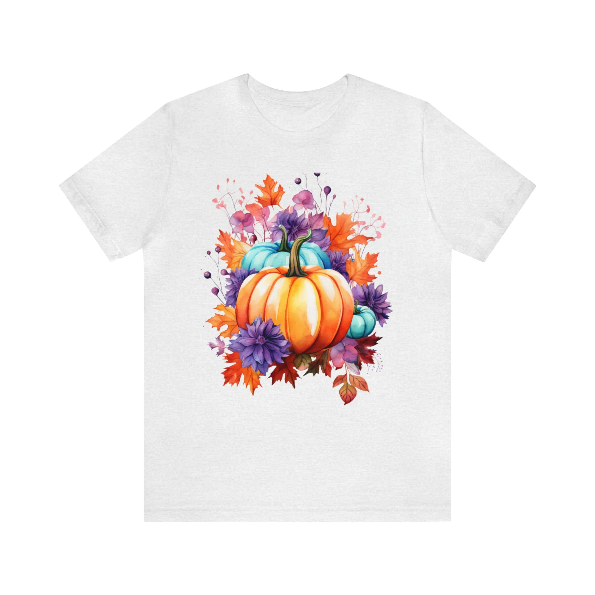 Fall Pumpkin & Leaves T-Shirt | Orange and Purple Fall Tee |  Bella Canvas 3001 Unisex |  Fall Short Sleeve Tshirt