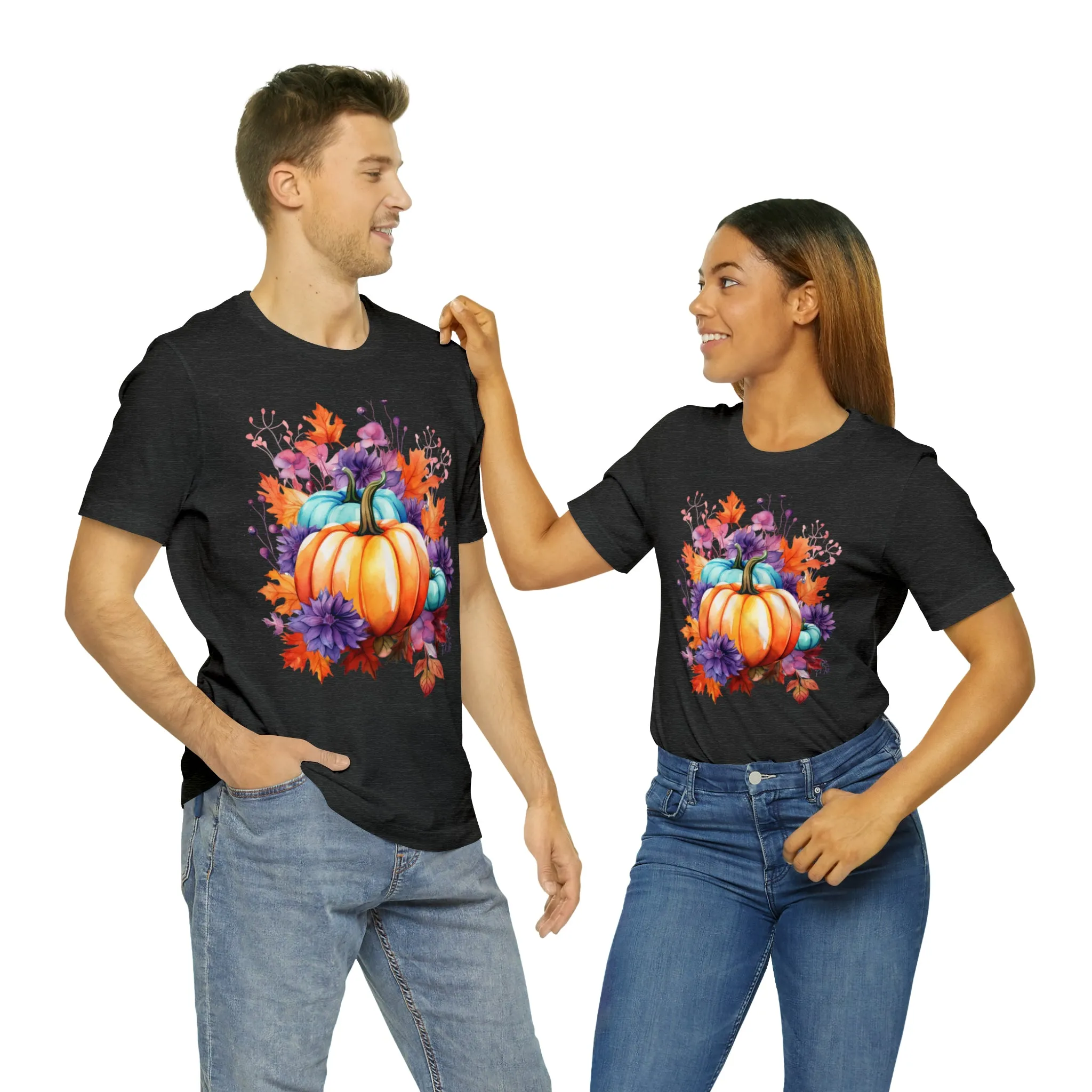 Fall Pumpkin & Leaves T-Shirt | Orange and Purple Fall Tee |  Bella Canvas 3001 Unisex |  Fall Short Sleeve Tshirt