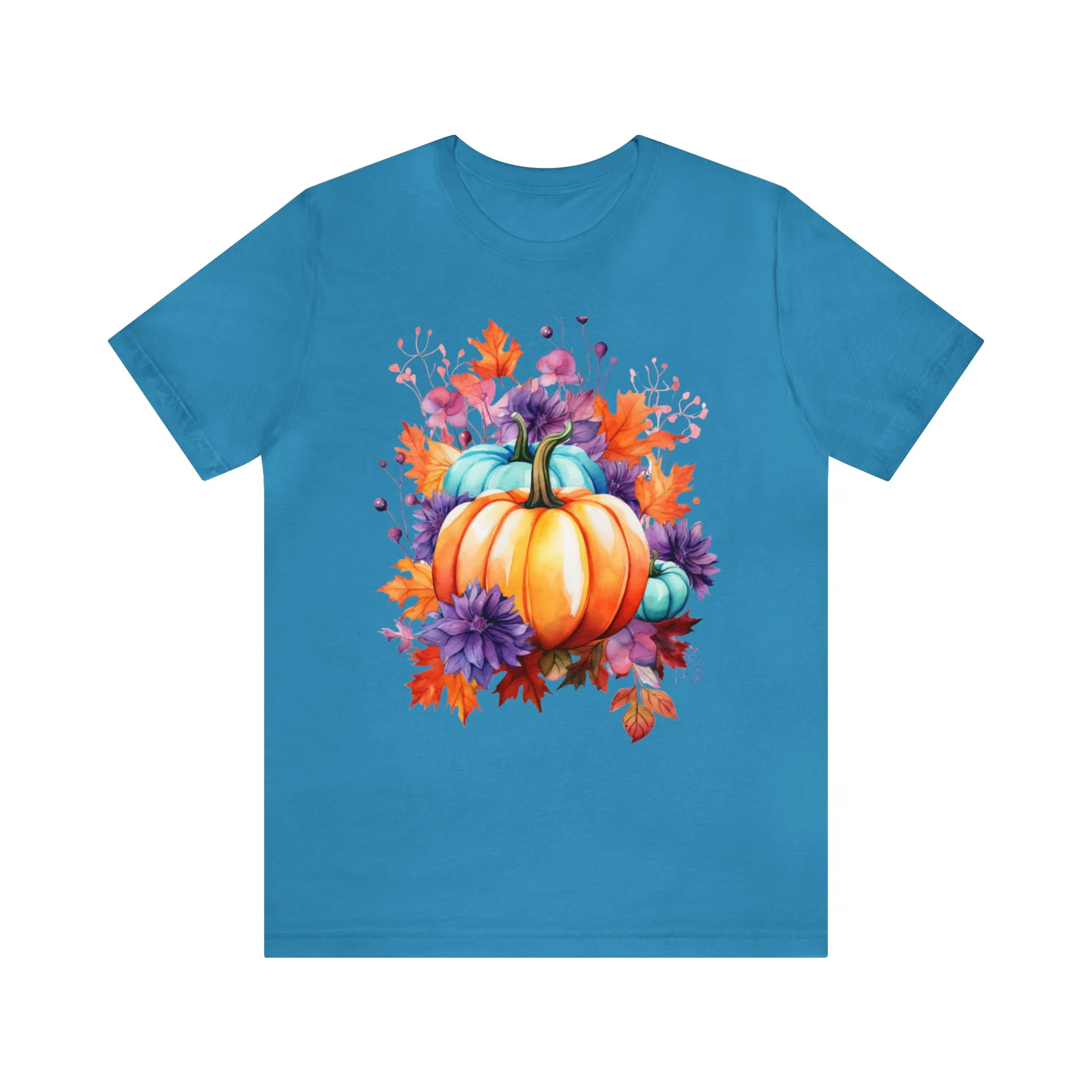 Fall Pumpkin & Leaves T-Shirt | Orange and Purple Fall Tee |  Bella Canvas 3001 Unisex |  Fall Short Sleeve Tshirt