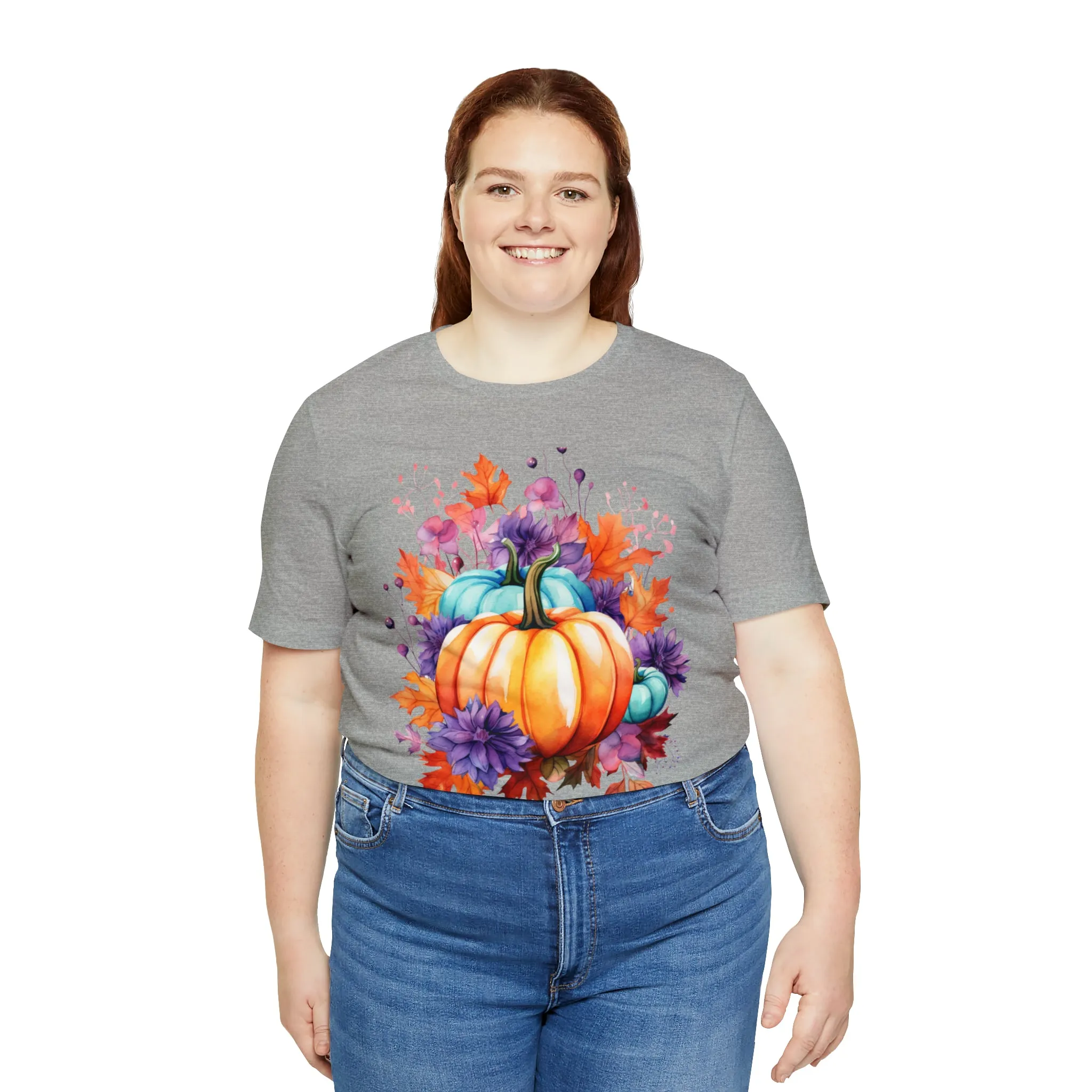Fall Pumpkin & Leaves T-Shirt | Orange and Purple Fall Tee |  Bella Canvas 3001 Unisex |  Fall Short Sleeve Tshirt