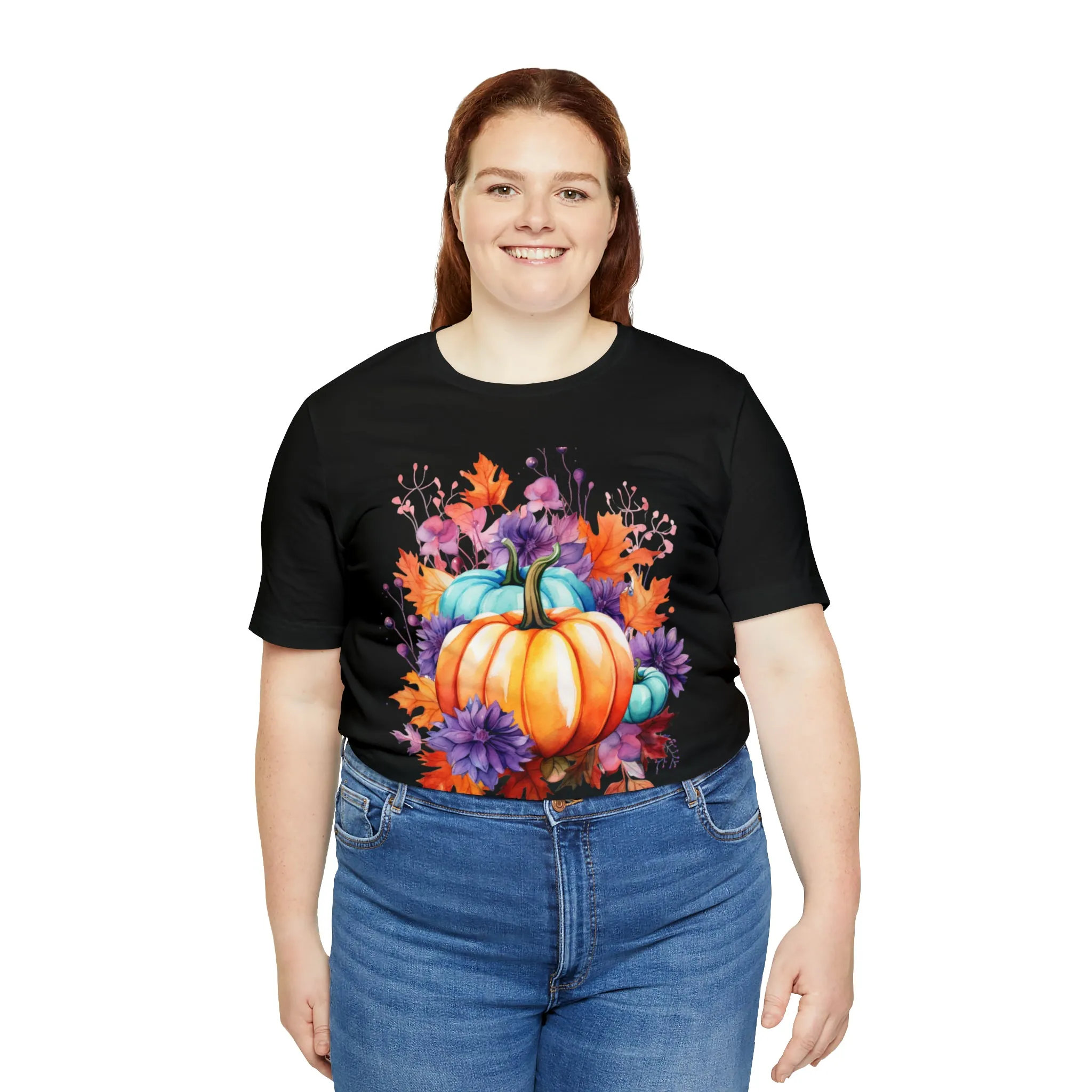 Fall Pumpkin & Leaves T-Shirt | Orange and Purple Fall Tee |  Bella Canvas 3001 Unisex |  Fall Short Sleeve Tshirt