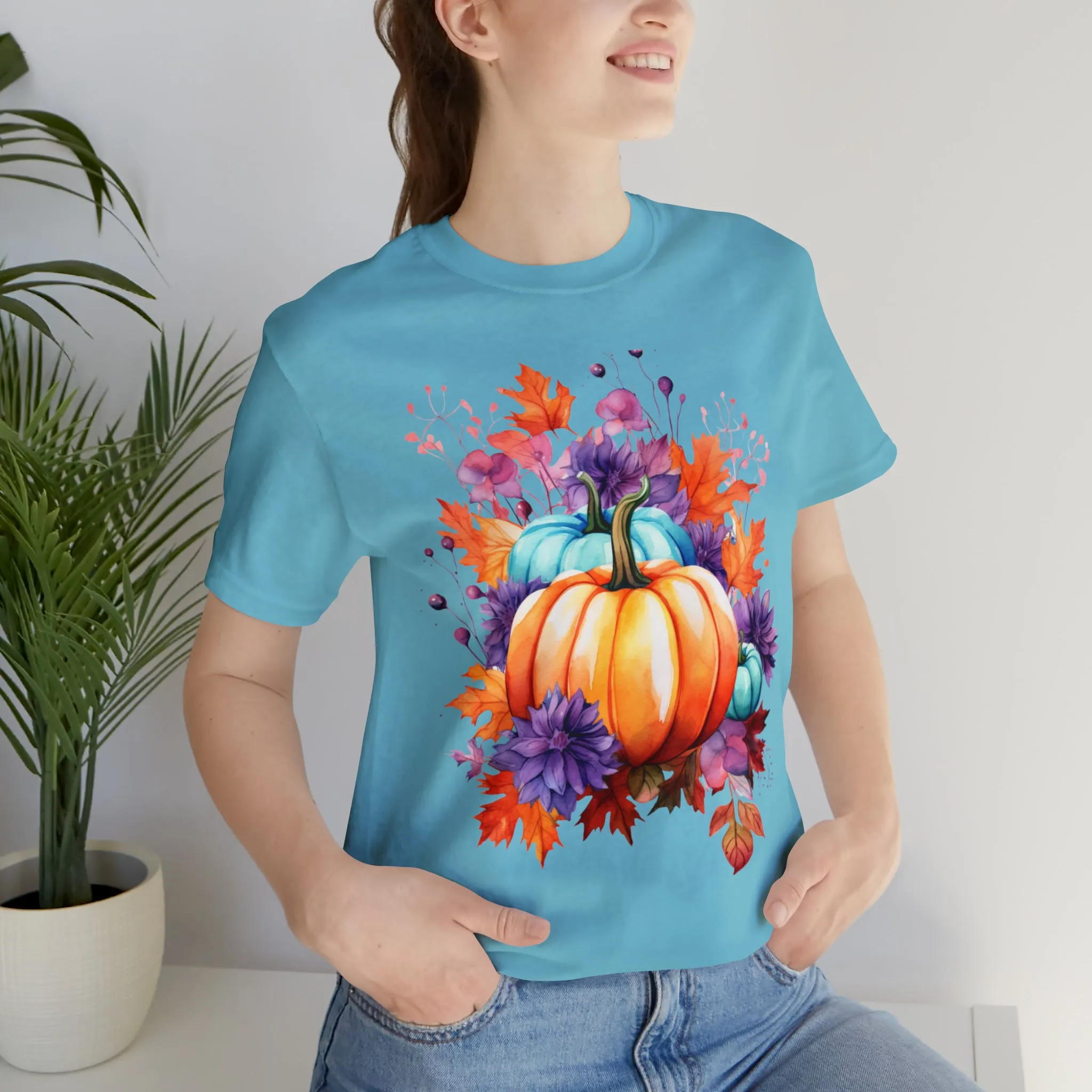 Fall Pumpkin & Leaves T-Shirt | Orange and Purple Fall Tee |  Bella Canvas 3001 Unisex |  Fall Short Sleeve Tshirt