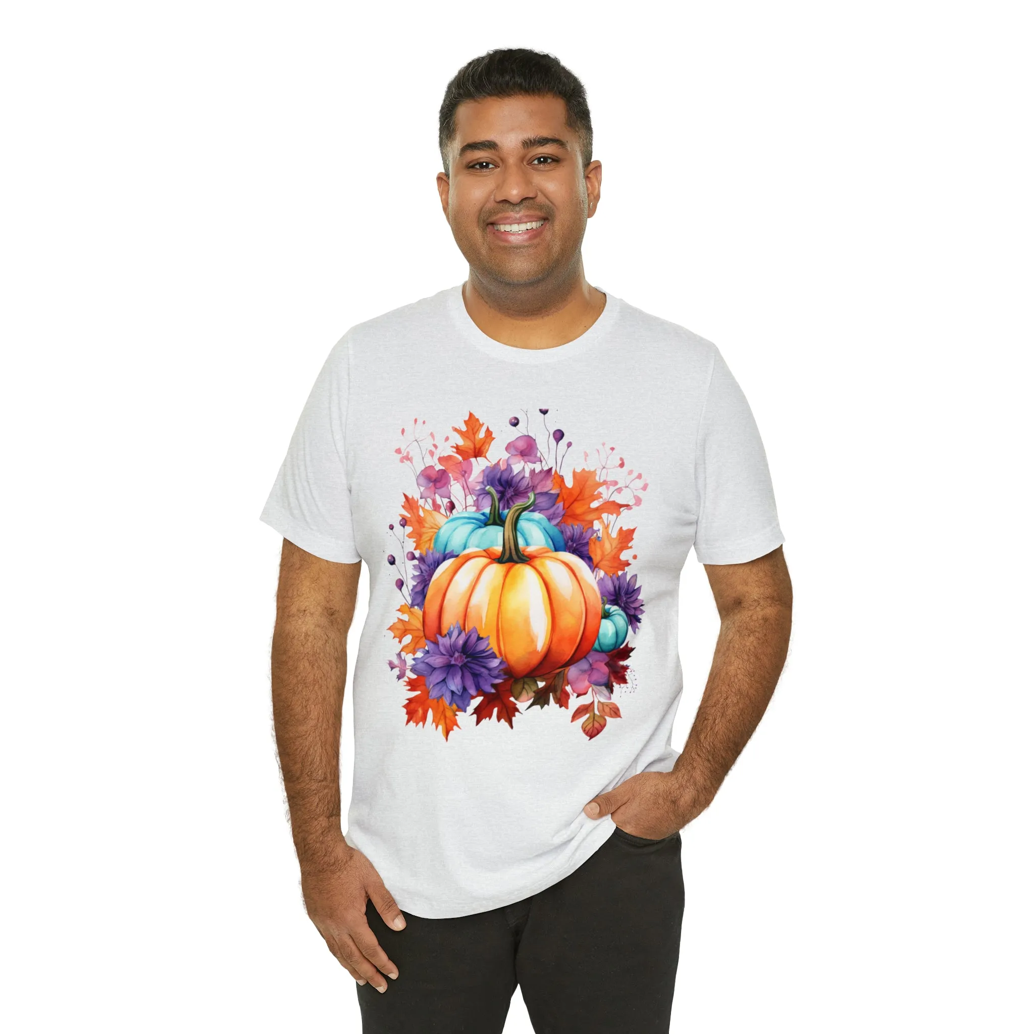 Fall Pumpkin & Leaves T-Shirt | Orange and Purple Fall Tee |  Bella Canvas 3001 Unisex |  Fall Short Sleeve Tshirt